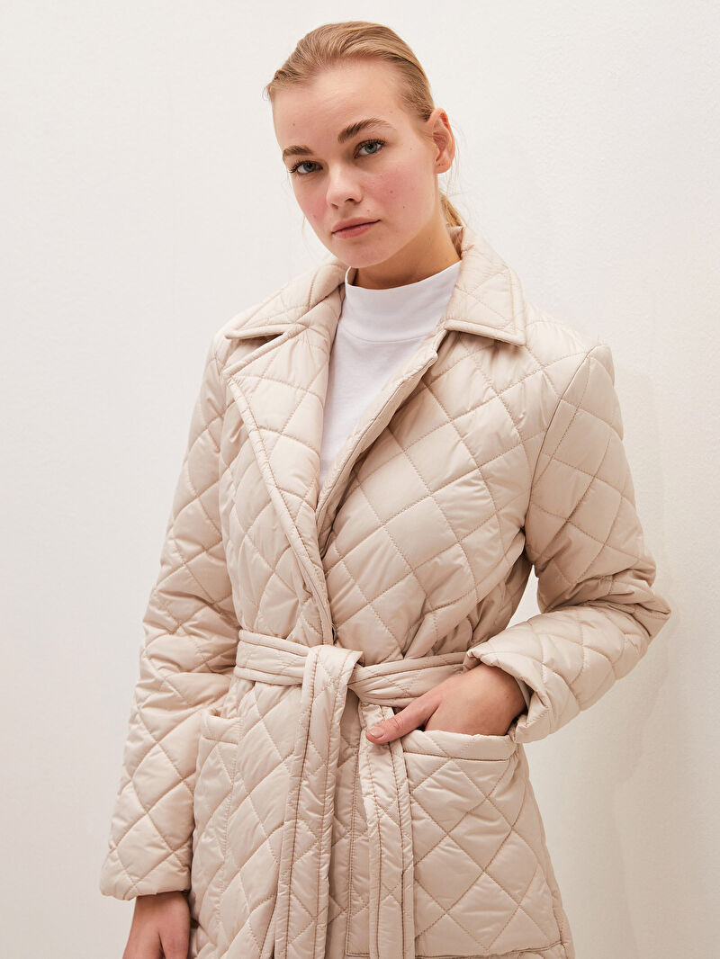 Ekru Ceket Yaka Beli Kusakli Kapitone Desenli Uzun Kollu Kadin Mont Lc Waikiki