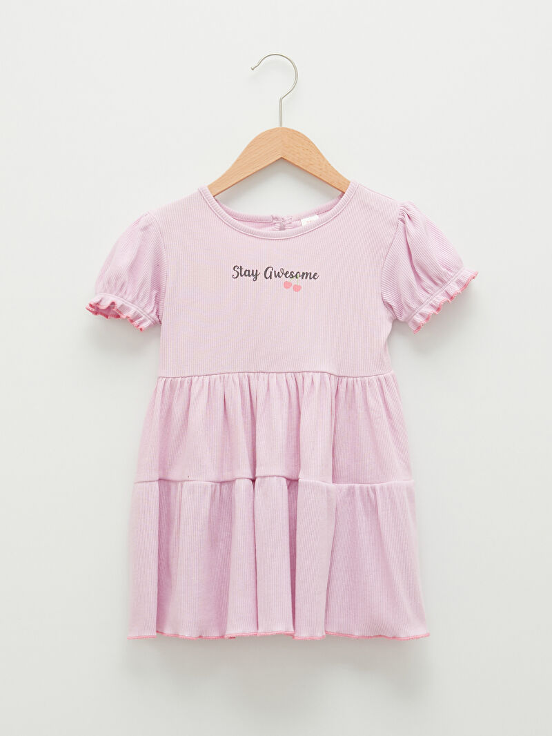 Lila Bisiklet Yaka Kısa Kollu Baskılı Kız Bebek Elbise