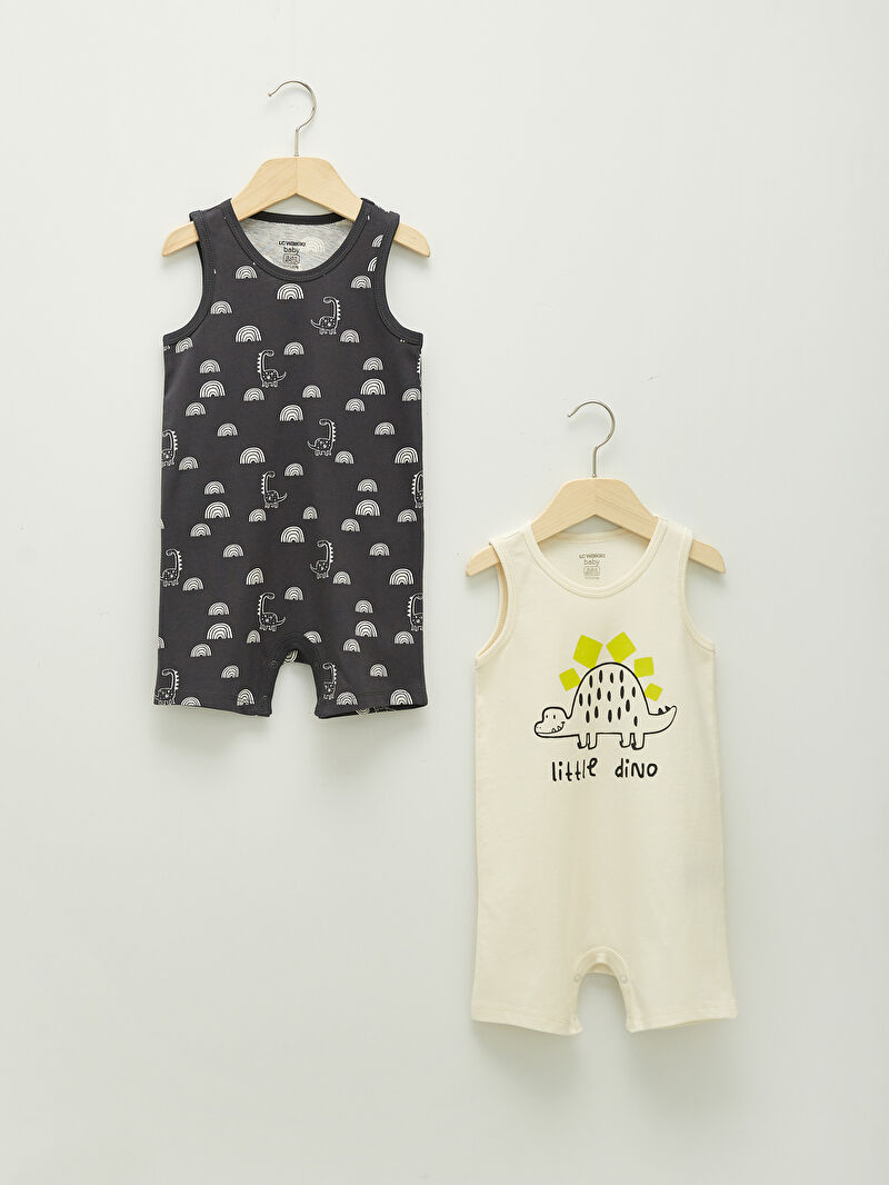 Ekru Bisiklet Yaka Baskılı Pamuklu Erkek Bebek Tulum 2�li