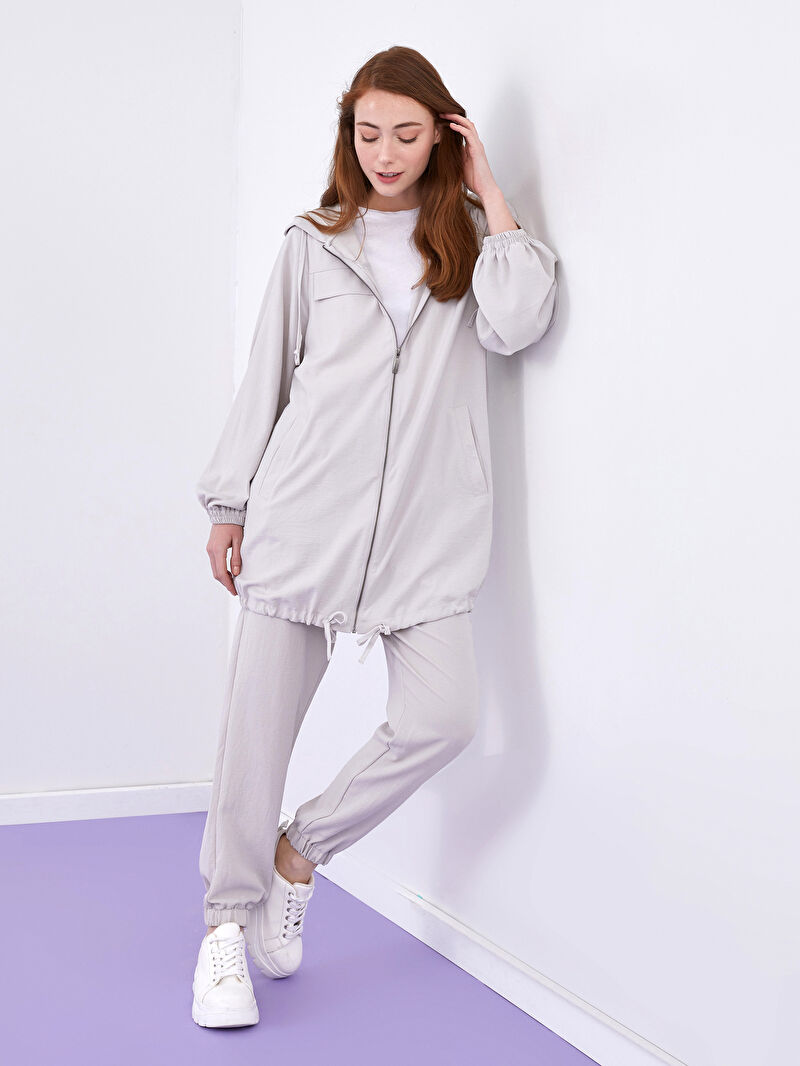 gri lcw classic kapuson yaka duz uzun kollu krep kumas kadin tunik lc waikiki