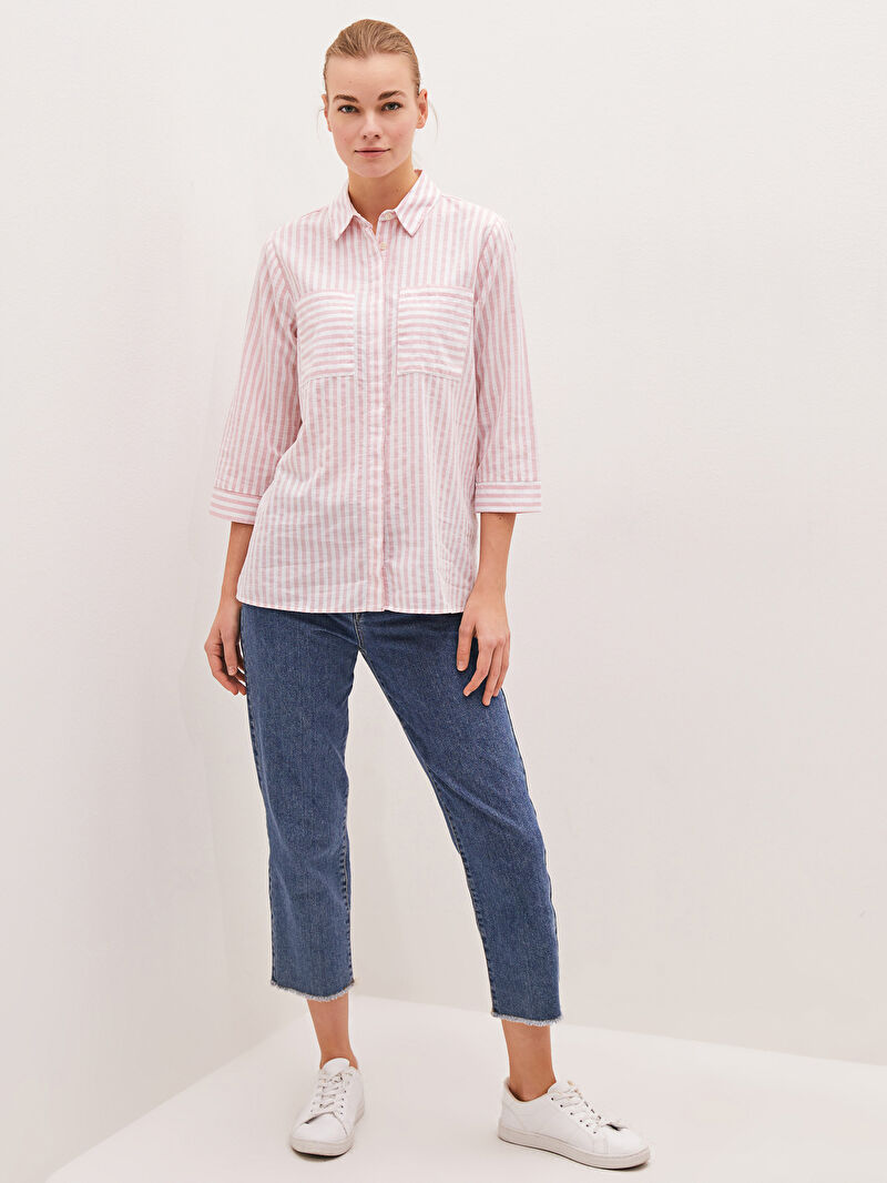 Pembe Lcw Classic Cizgili Cep Detayli Poplin Kadin Gomlek Lc Waikiki