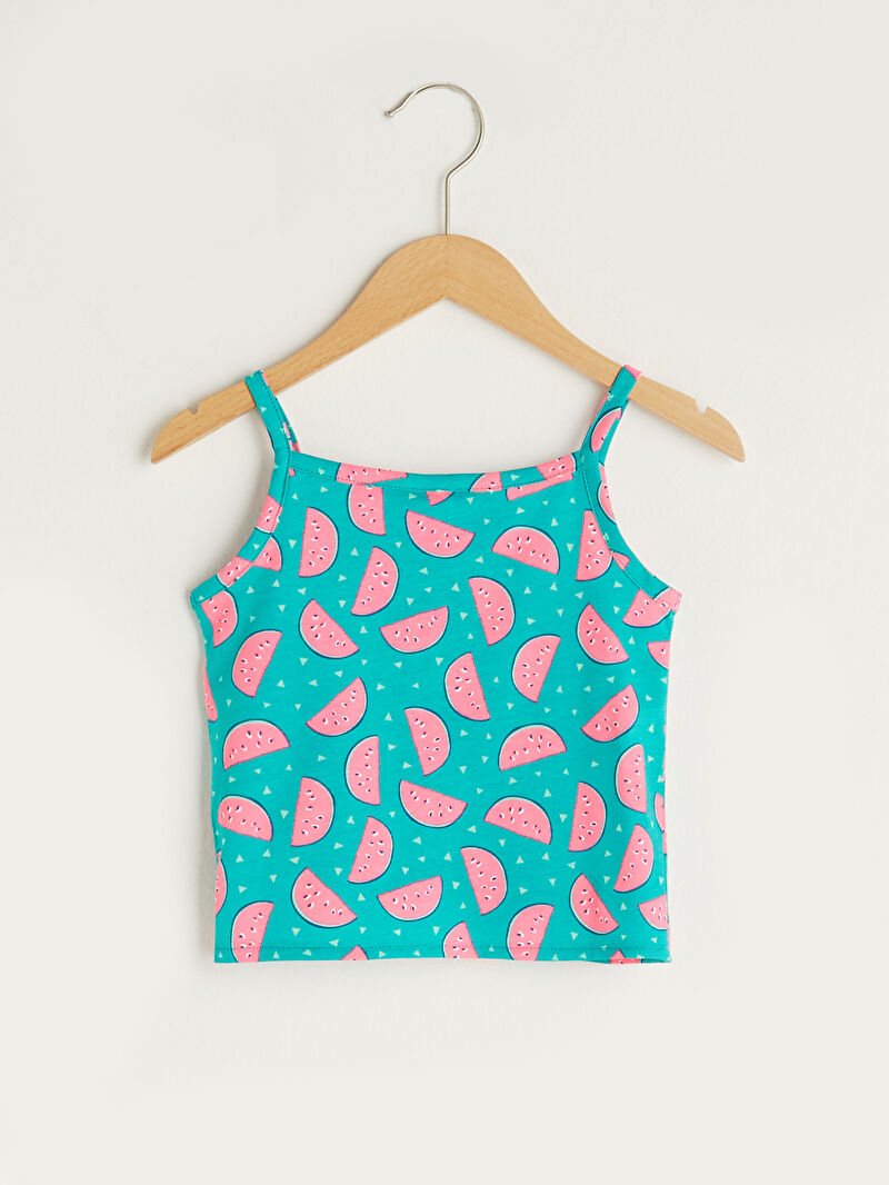 Yeşil Kare Yaka Askılı Baskılı Pamuklu Kız Bebek Atlet