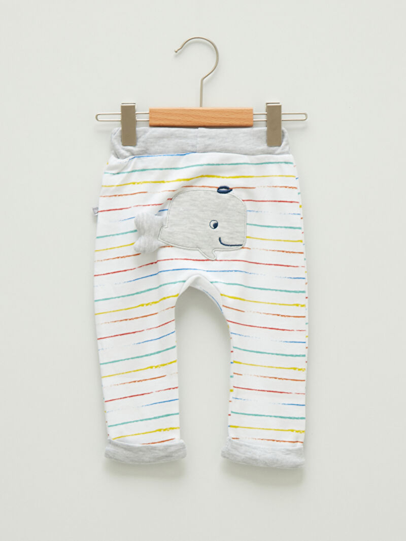 Beyaz Çizgili Düğme Detaylı Pamuklu Erkek Bebek Pantolon