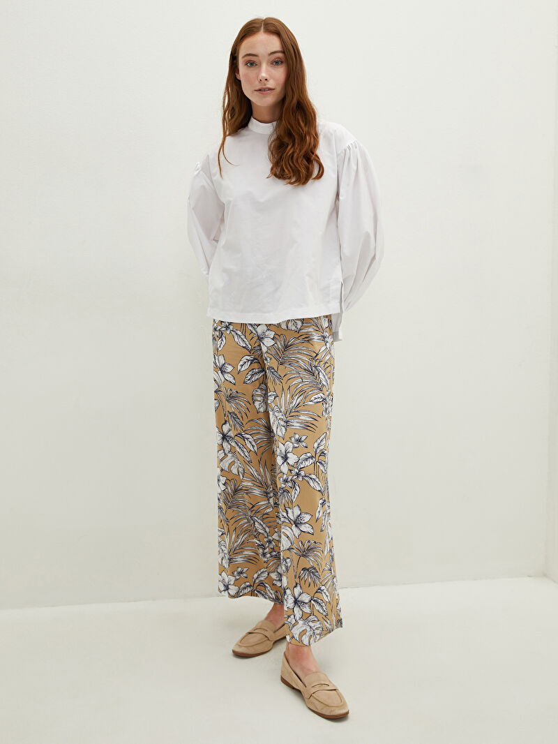 Bej Modest Beli Lastikli Cicekli Rahat Kalip Kadin Palazzo Pantolon Lc Waikiki