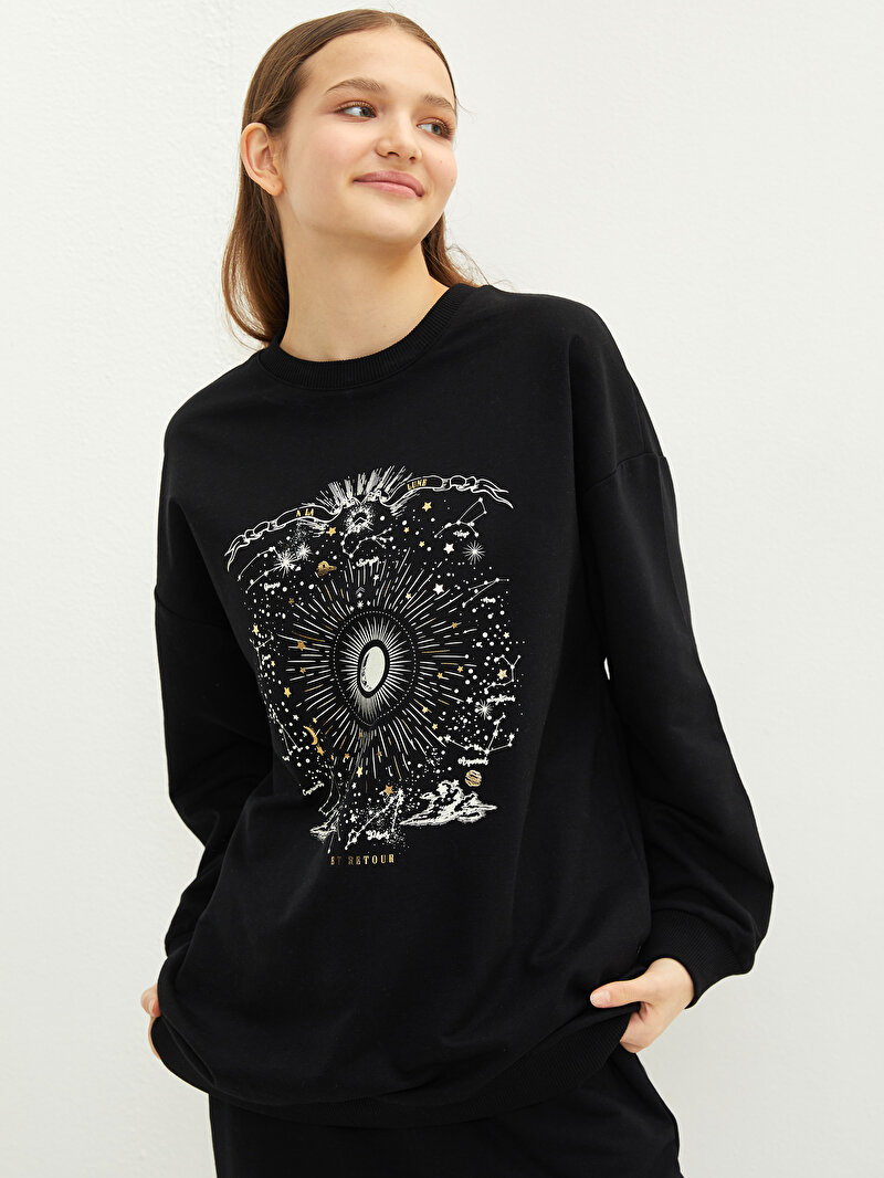 Trendy Sun Moon Print Long Sleeve Black Pullover Tops for Women Fashion Casual Loose Fit Crewneck Sweatshirt