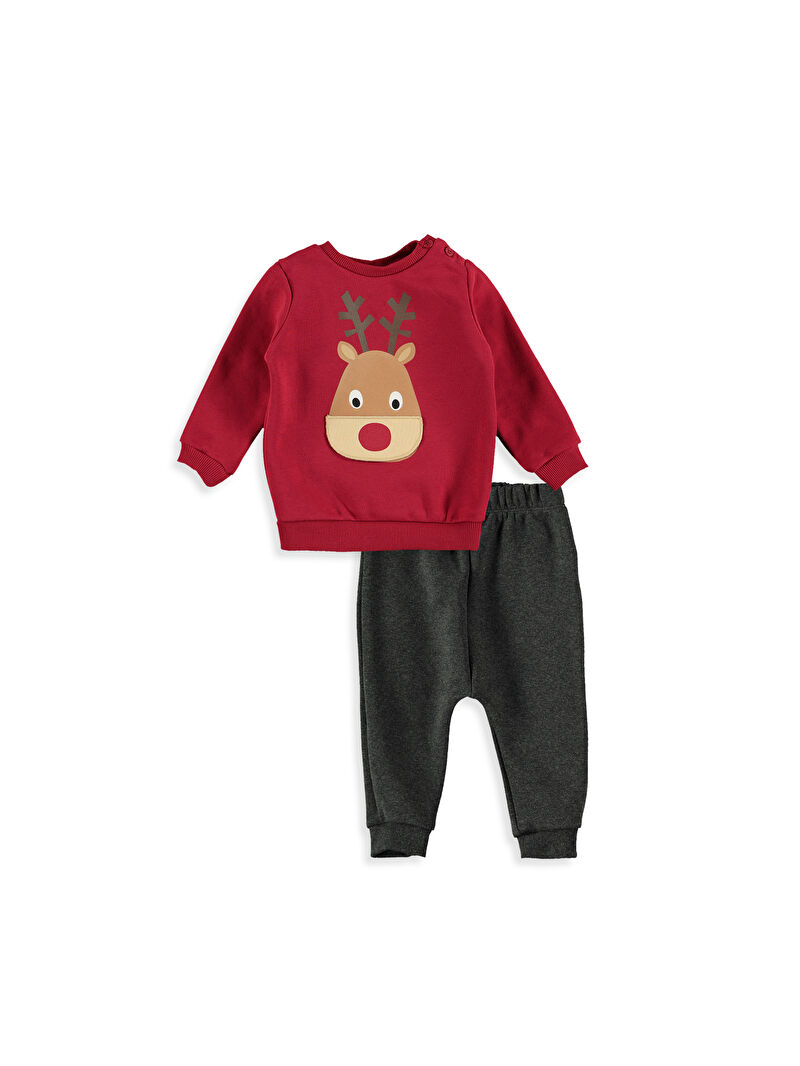 Kırmızı Kırmızı Erkek Bebek Geyik Baskılı Eşofman Takımı