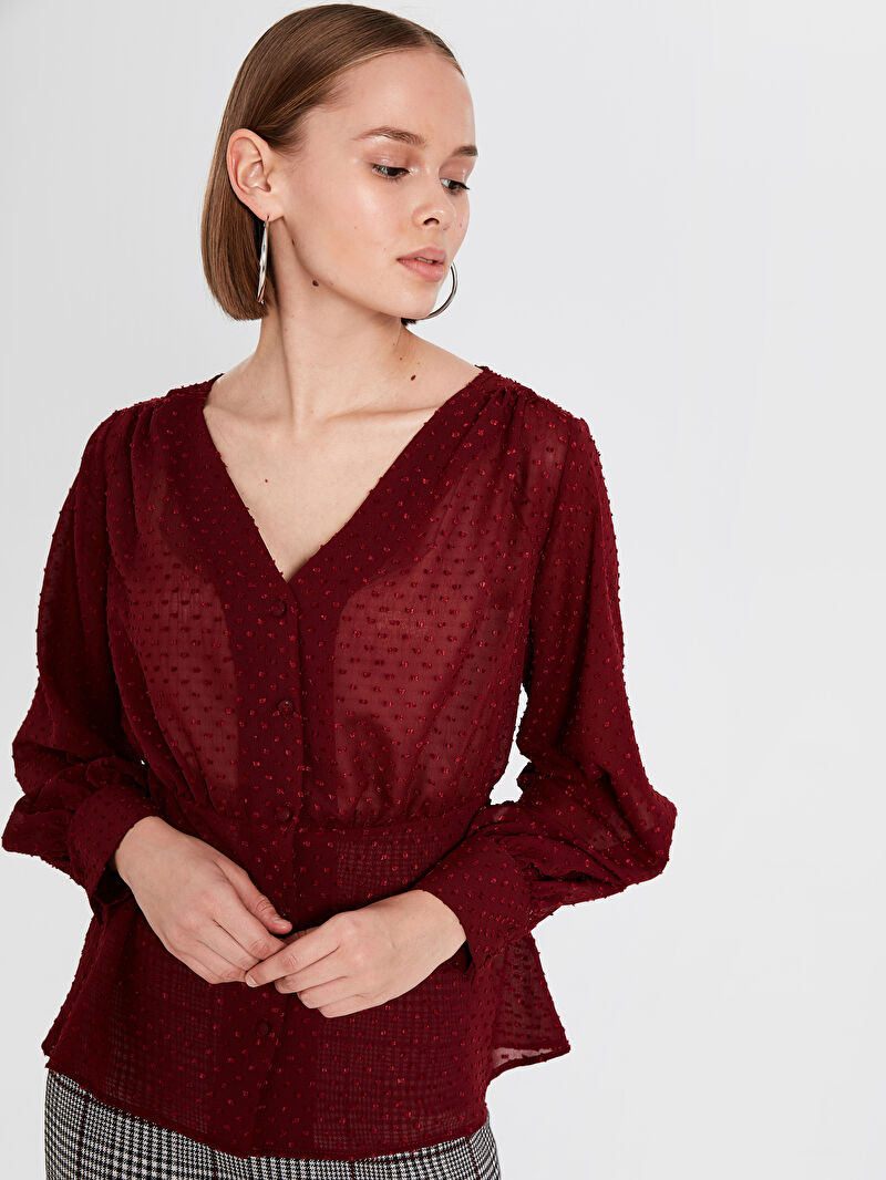 Bordo Balon Kol Uzun Kollu Kadin Sifon Gomlek Lc Waikiki