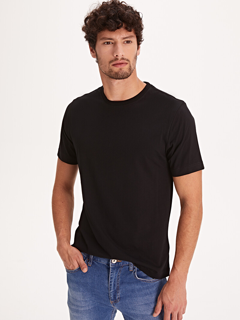 siyah bisiklet yaka basic penye tisort lc waikiki