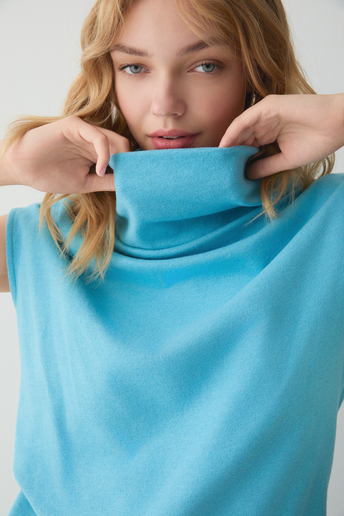 ETHIQUET ENVELOPE Kadını Dik Yakalı Dökümlü Kruvaze Drape Detaylı Geniş Paçalı MAVİ Alt-Üst Takım görsel 4