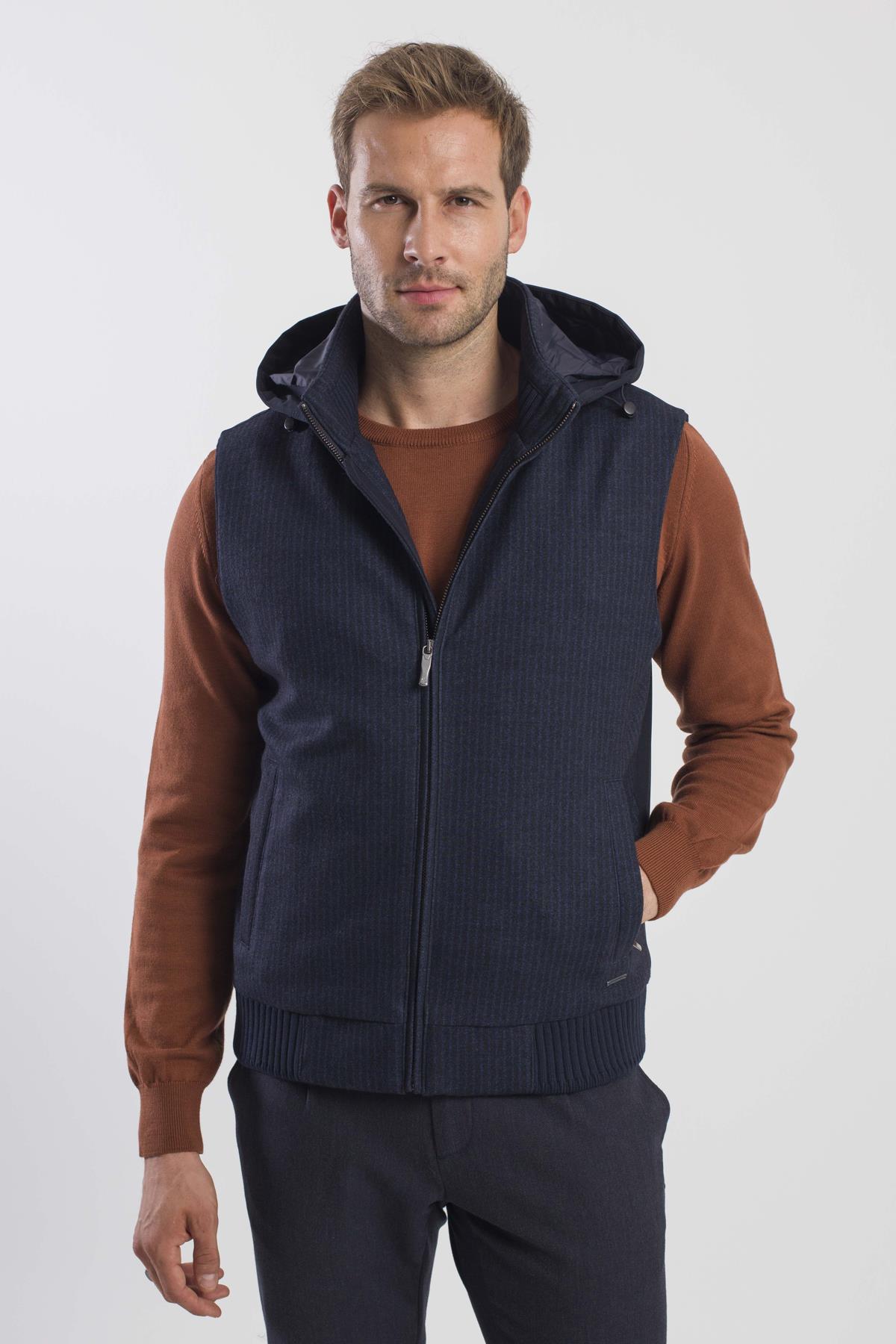 JAKAMEN Lacivert Comfort Fit Desenli Çıkarılabilir Kapüşonlu Yelek