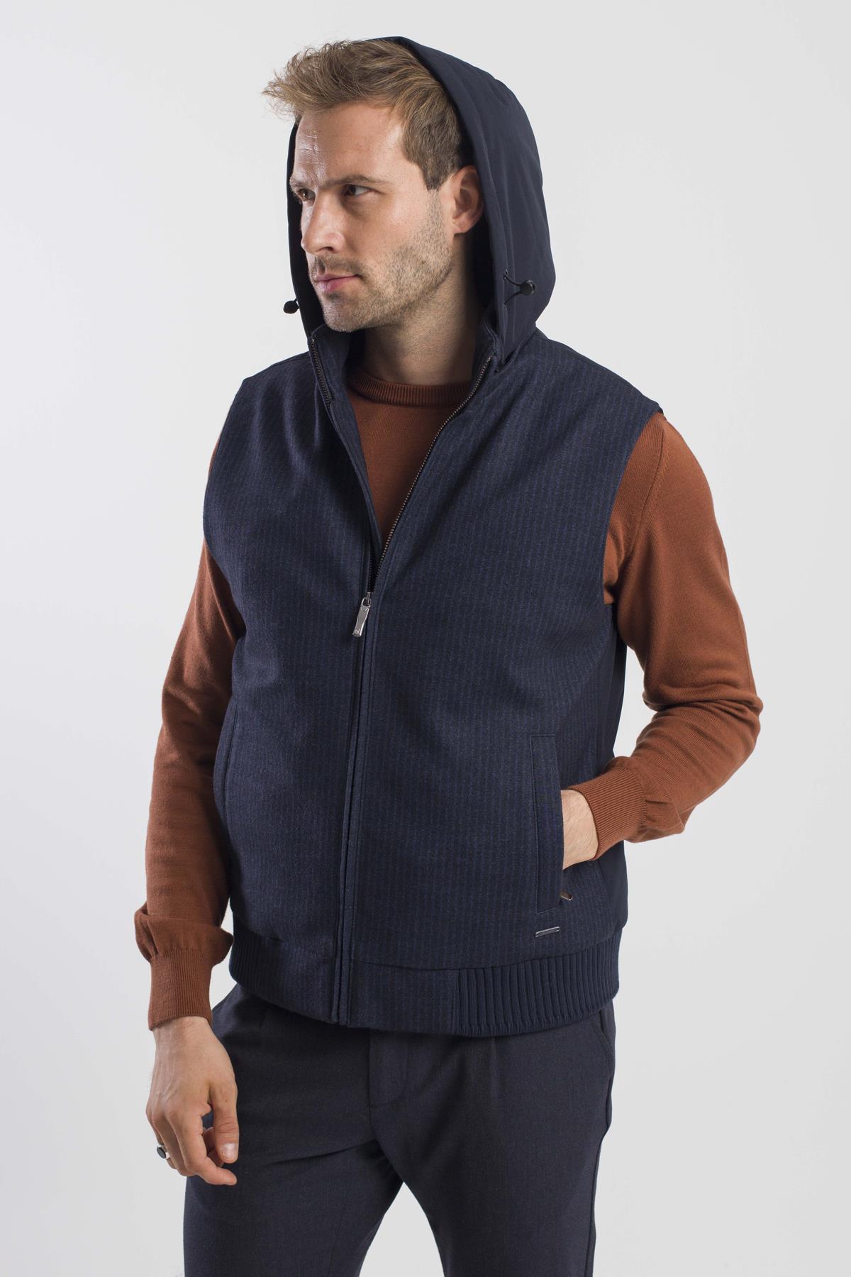 JAKAMEN Lacivert Comfort Fit Desenli Çıkarılabilir Kapüşonlu Yelek görsel 2