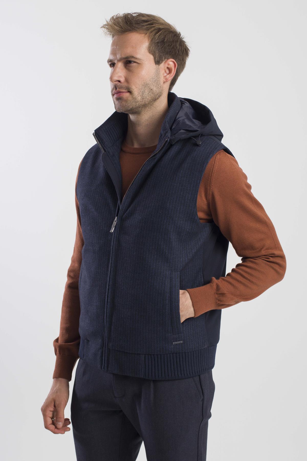 JAKAMEN Lacivert Comfort Fit Desenli Çıkarılabilir Kapüşonlu Yelek görsel 3