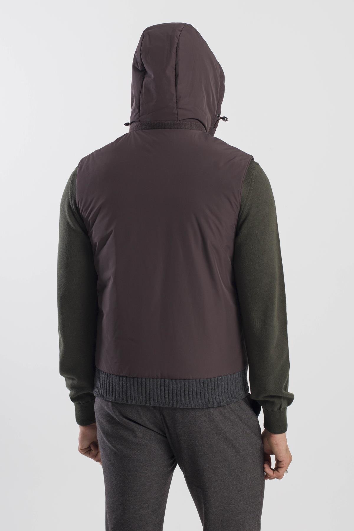JAKAMEN Kahve Comfort Fit Desenli Çıkarılabilir Kapüşonlu Yelek görsel 4