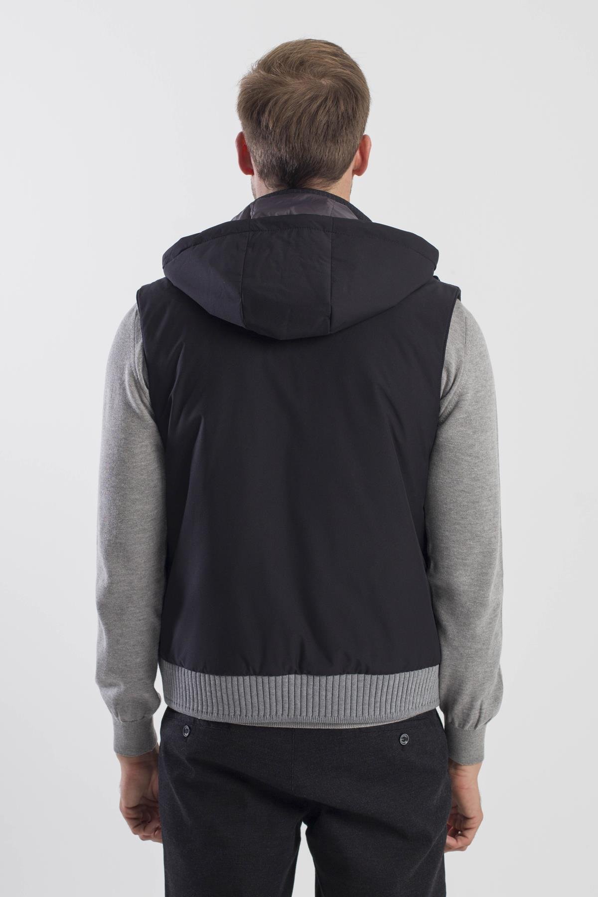 JAKAMEN Siyah Comfort Fit Desenli Çıkarılabilir Kapüşonlu Yelek görsel 4