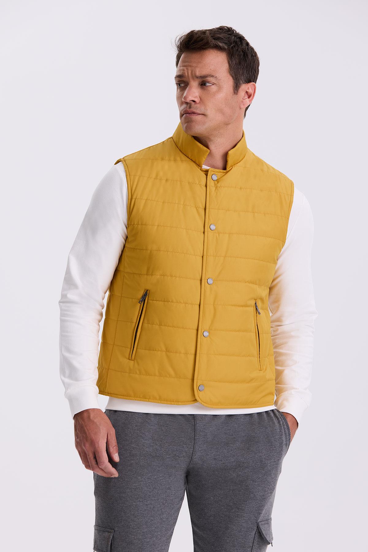 JAKAMEN Sarı Hakim Yaka Elyaflı Slim Fit Yelek
