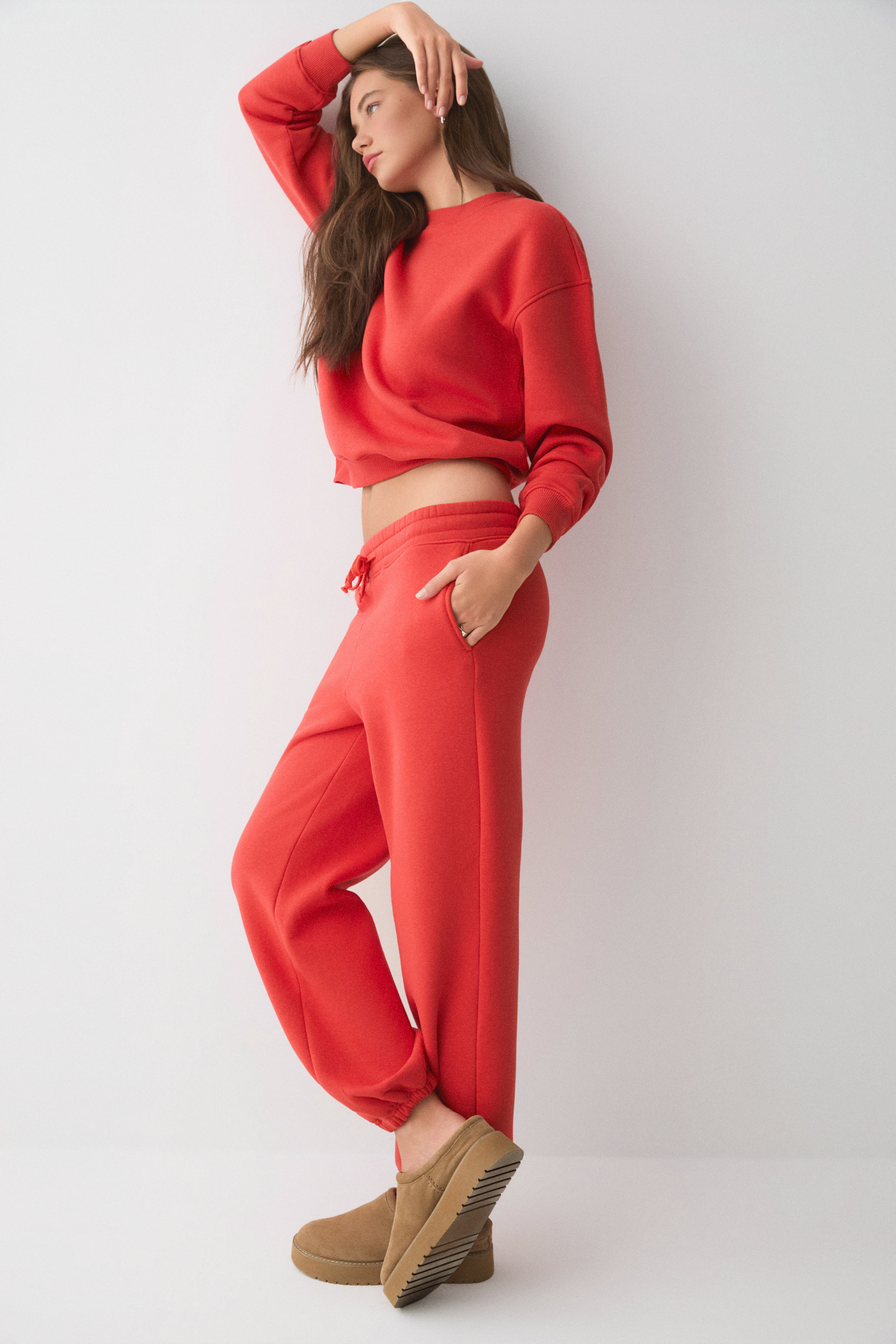 ETHIQUET CARICA Kadın Organik Pamuklu İçi Polarlı Oversize Fit Bel Ve Paça Lastikli Kordonlu KIRMIZI Alt-Üst görsel 3