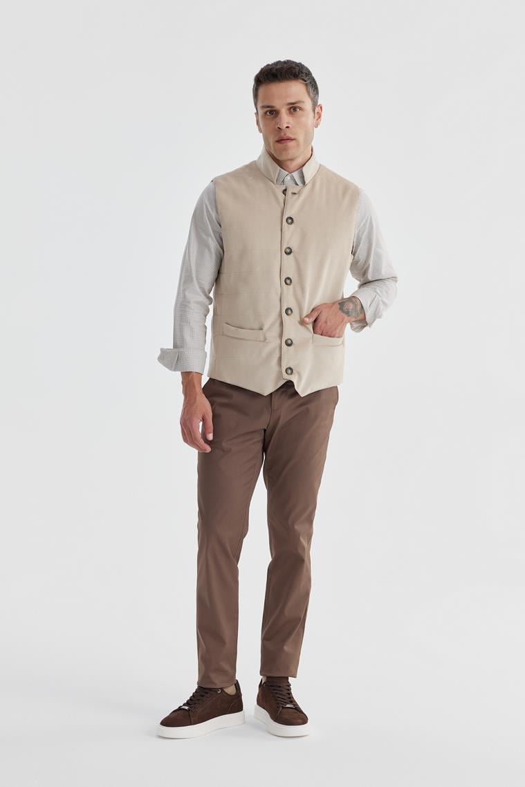 JAKAMEN Bej Hakim Yaka Çift Taraflı Slim Fit Yelek