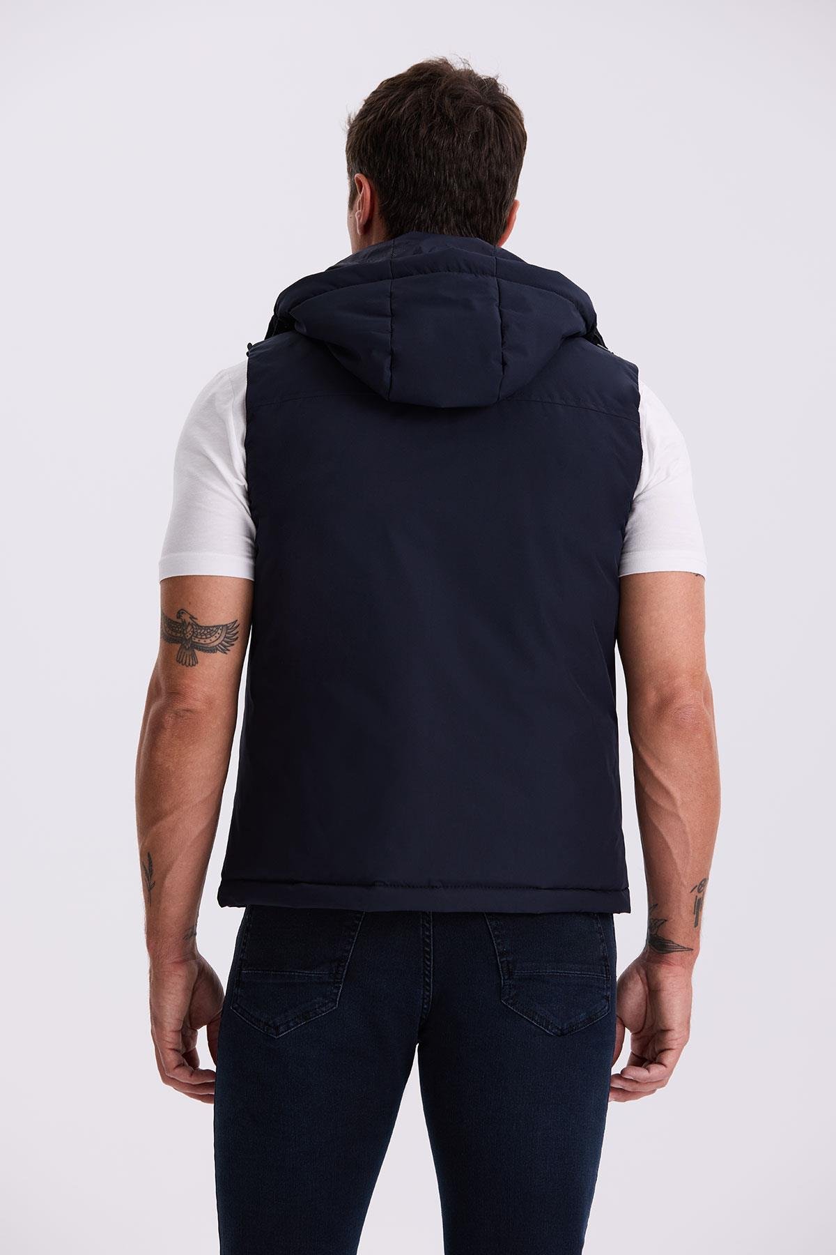 JAKAMEN Lacivert Comfort Fit Cepli Kapüşonlu Rahat Kesim Safari Yelek görsel 4
