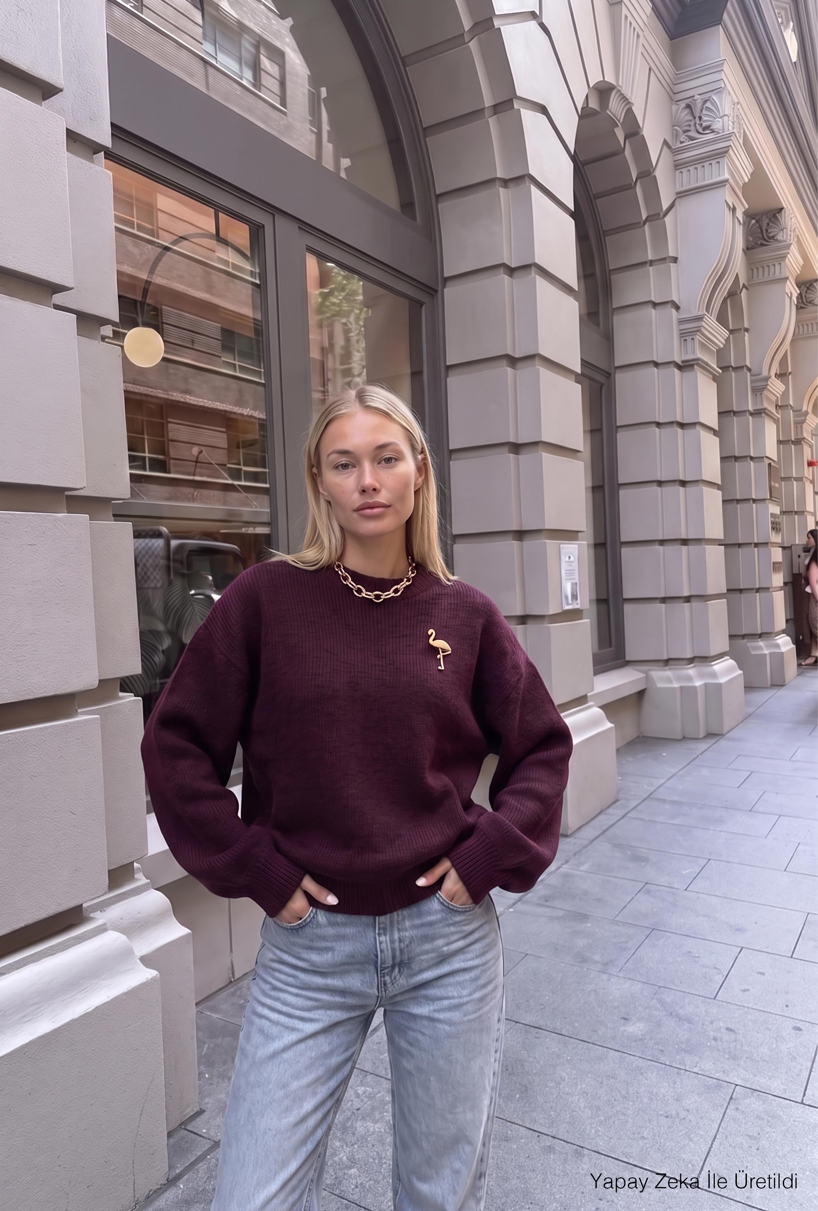It's Basic Kadın Bordo w6-57 Oversize Aksesuar Detaylı Tasarım Triko Kazak