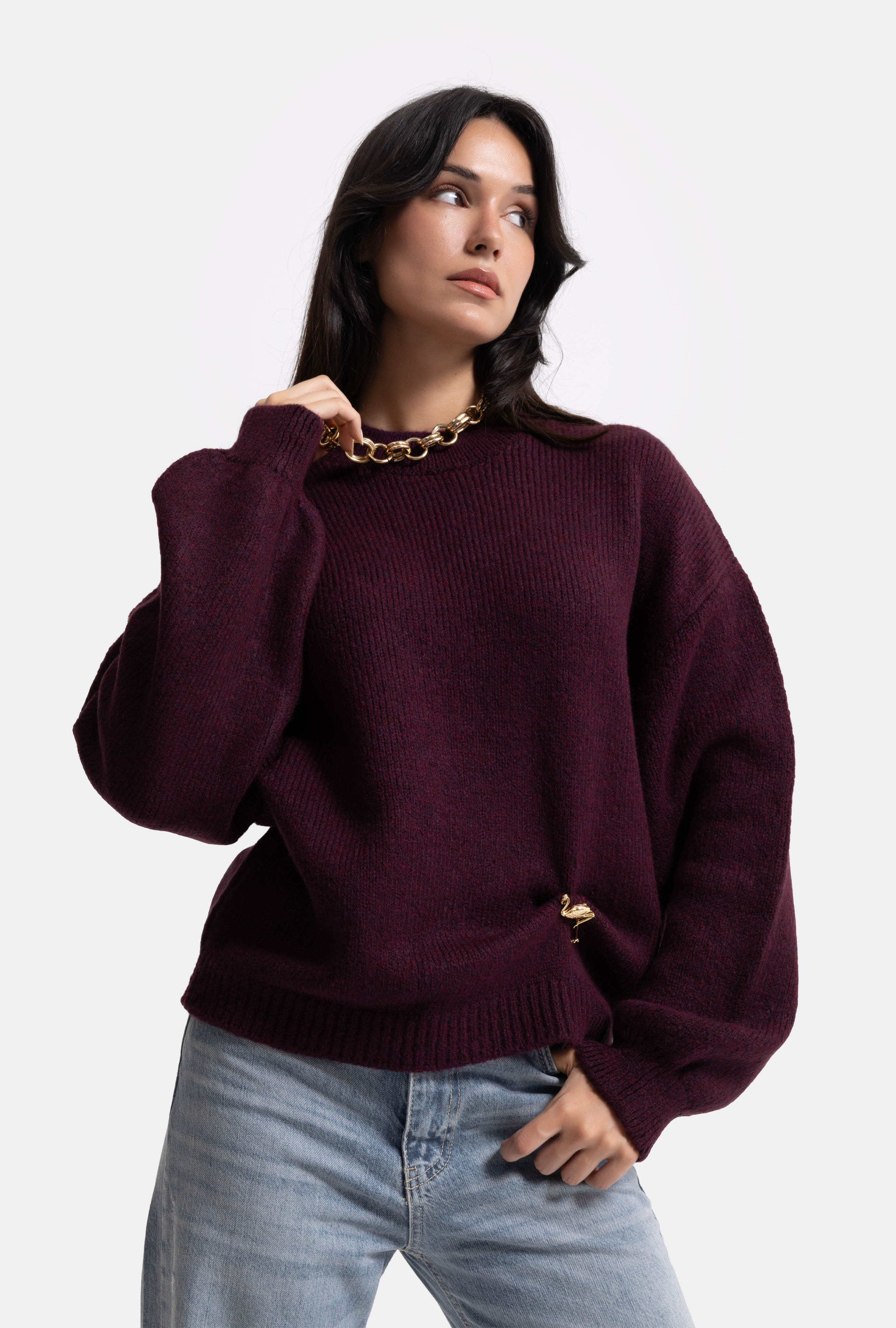 It's Basic Kadın Bordo w6-57 Oversize Aksesuar Detaylı Tasarım Triko Kazak görsel 3