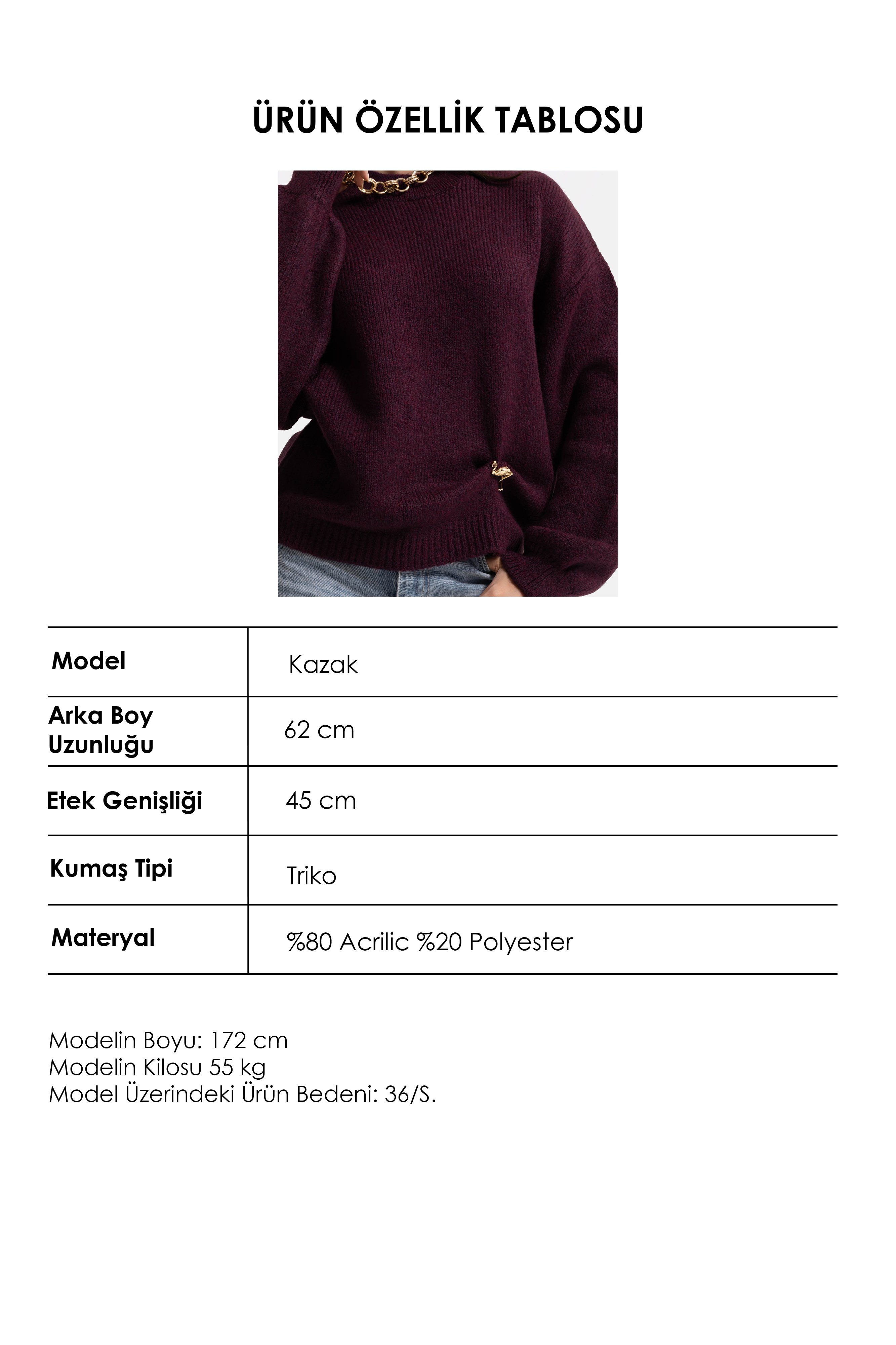 It's Basic Kadın Bordo w6-57 Oversize Aksesuar Detaylı Tasarım Triko Kazak görsel 6