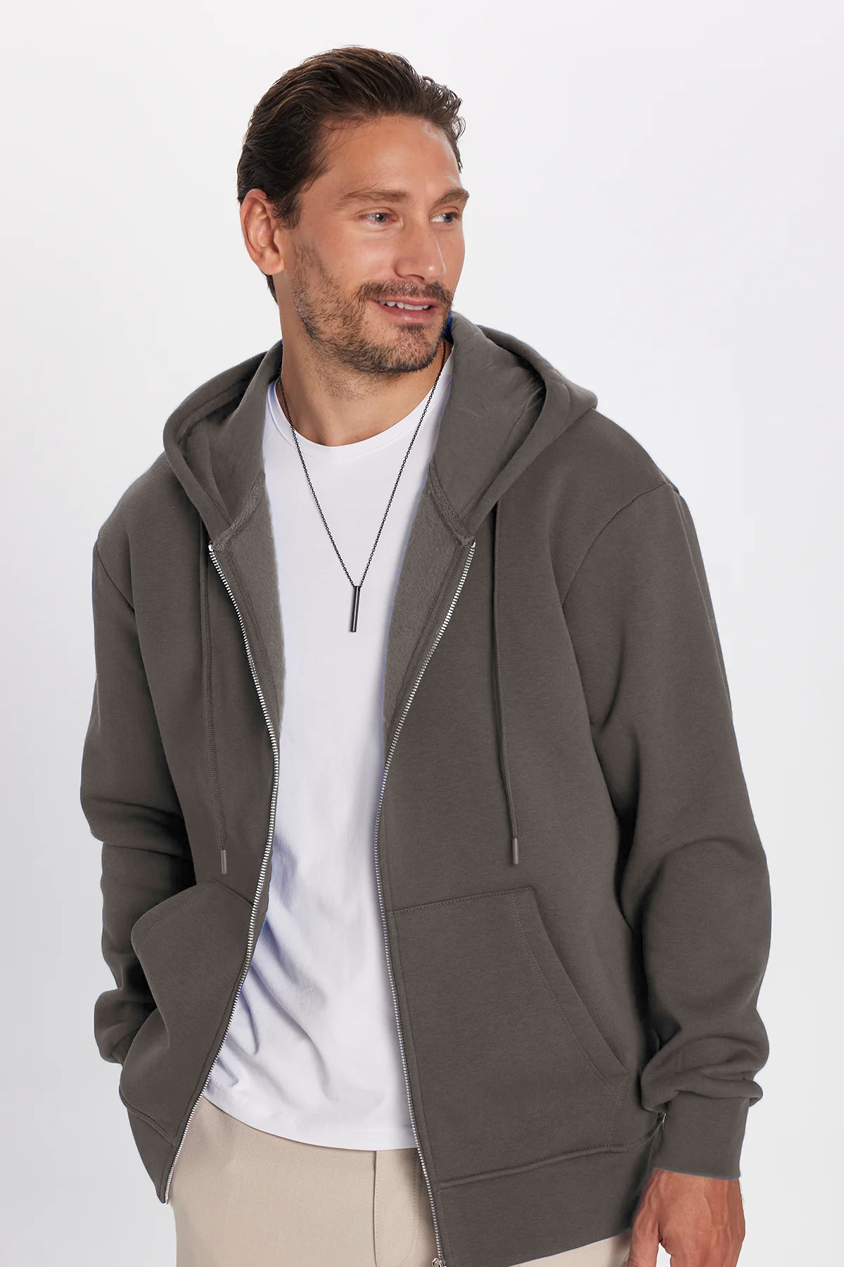 TUDORS Unisex Relax Fit Rahat Kesim Pamuklu İçi Polarlı Çift Cepli Gri Kapüşonlu Fermuarlı Sweatshirt