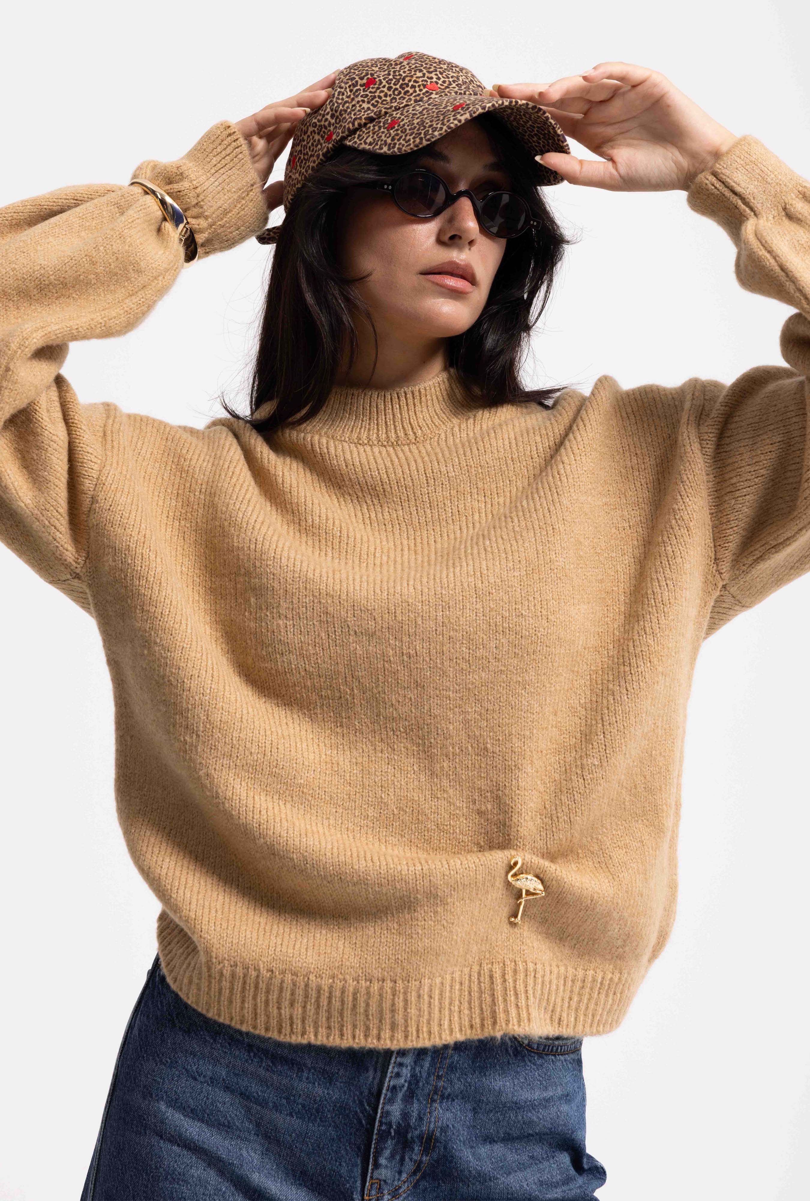 It's Basic Kadın Vizon w6-111 Oversize Aksesuar Detaylı Tasarım Triko Kazak