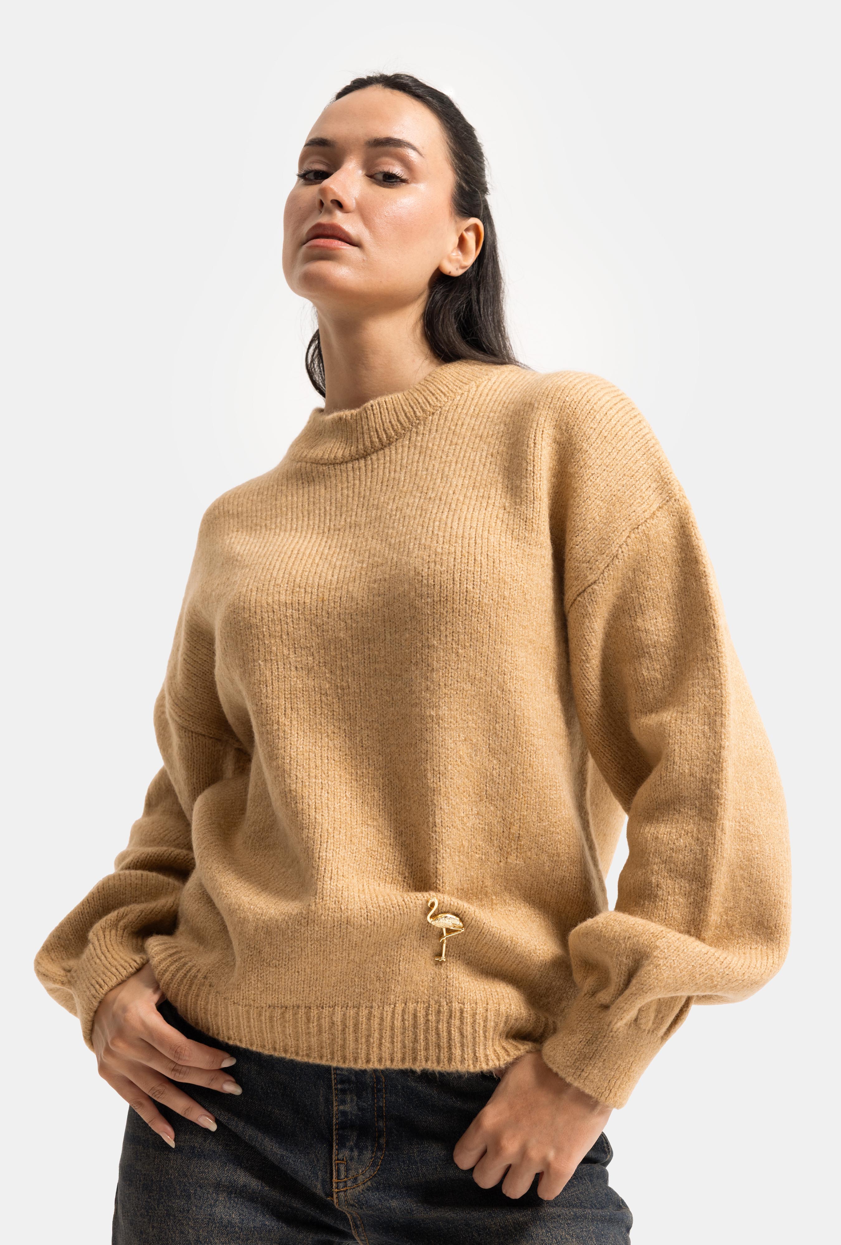 It's Basic Kadın Vizon w6-111 Oversize Aksesuar Detaylı Tasarım Triko Kazak görsel 4