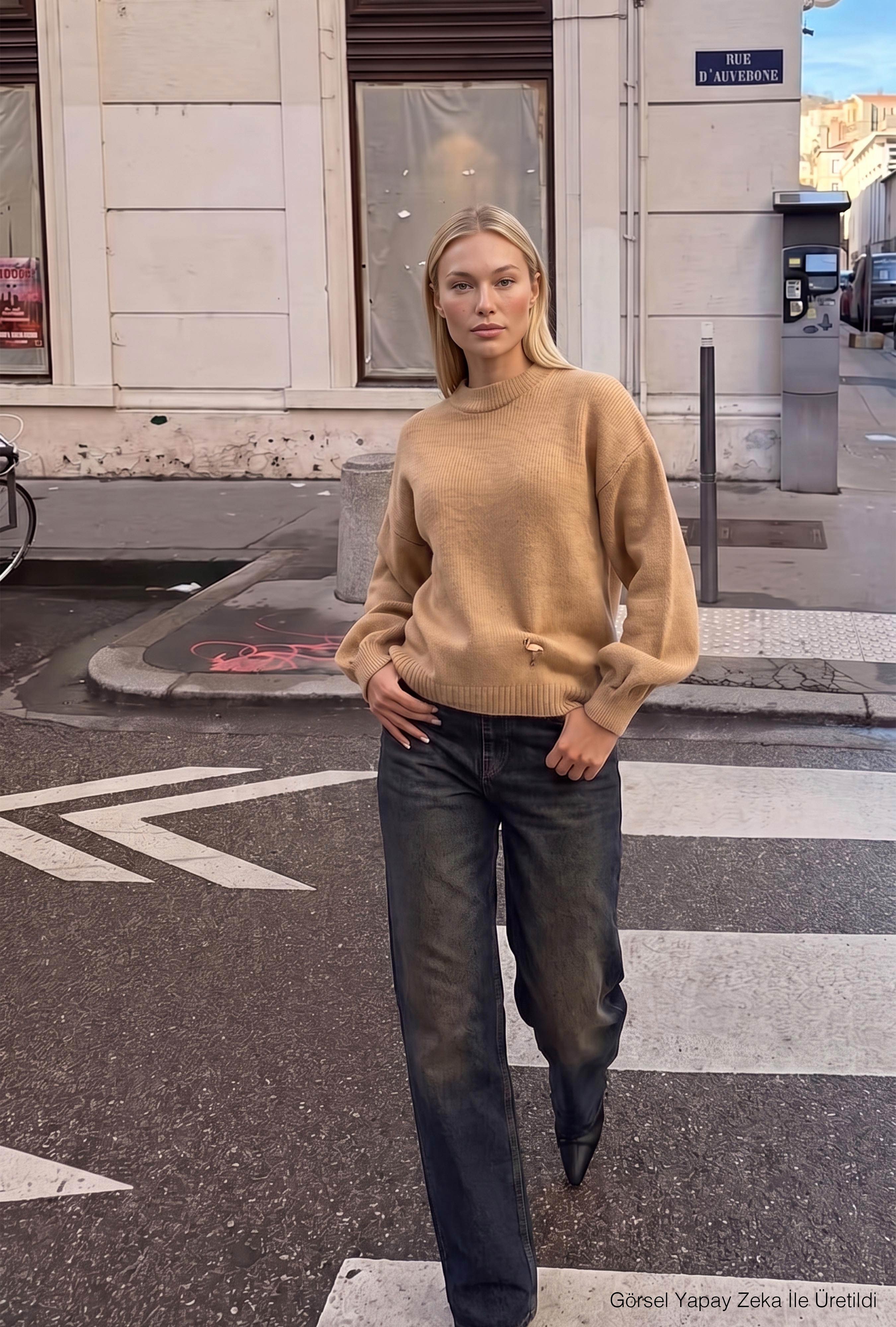 It's Basic Kadın Vizon w6-111 Oversize Aksesuar Detaylı Tasarım Triko Kazak görsel 7