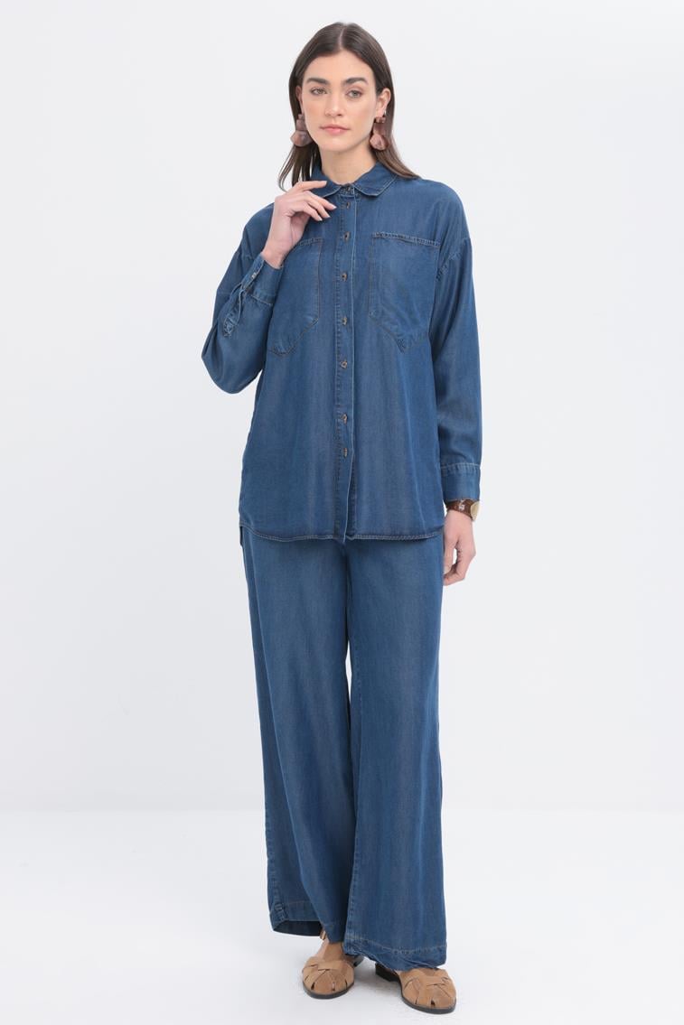 ALLDAY Koyu Mavi-Büyük Cepli Denim Pantolonlu Takım