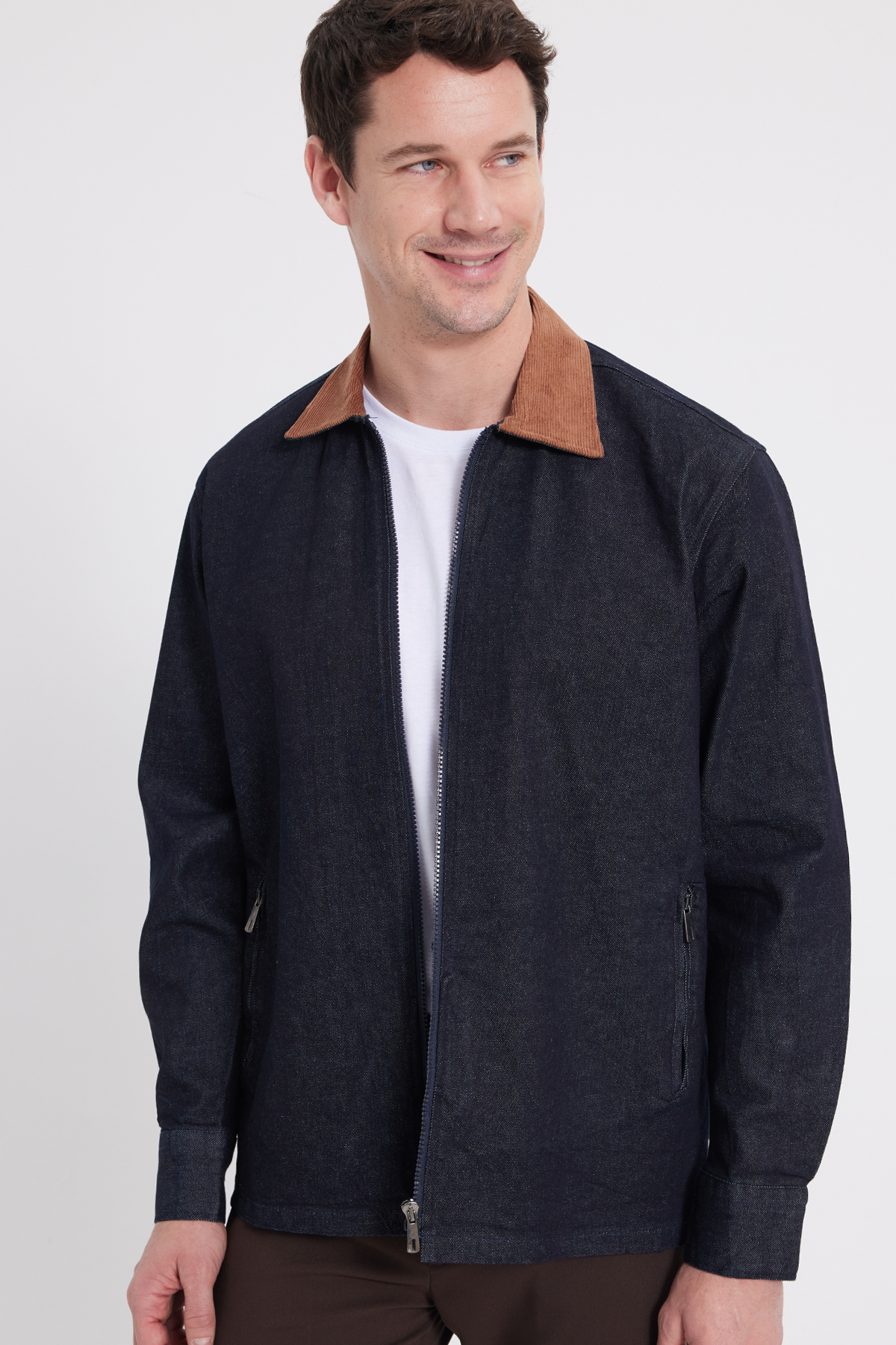 TUDORS Erkek Regular Fit Rahat Kesim Kadife Yaka Fermuarlı Denim Lacivert Ceket