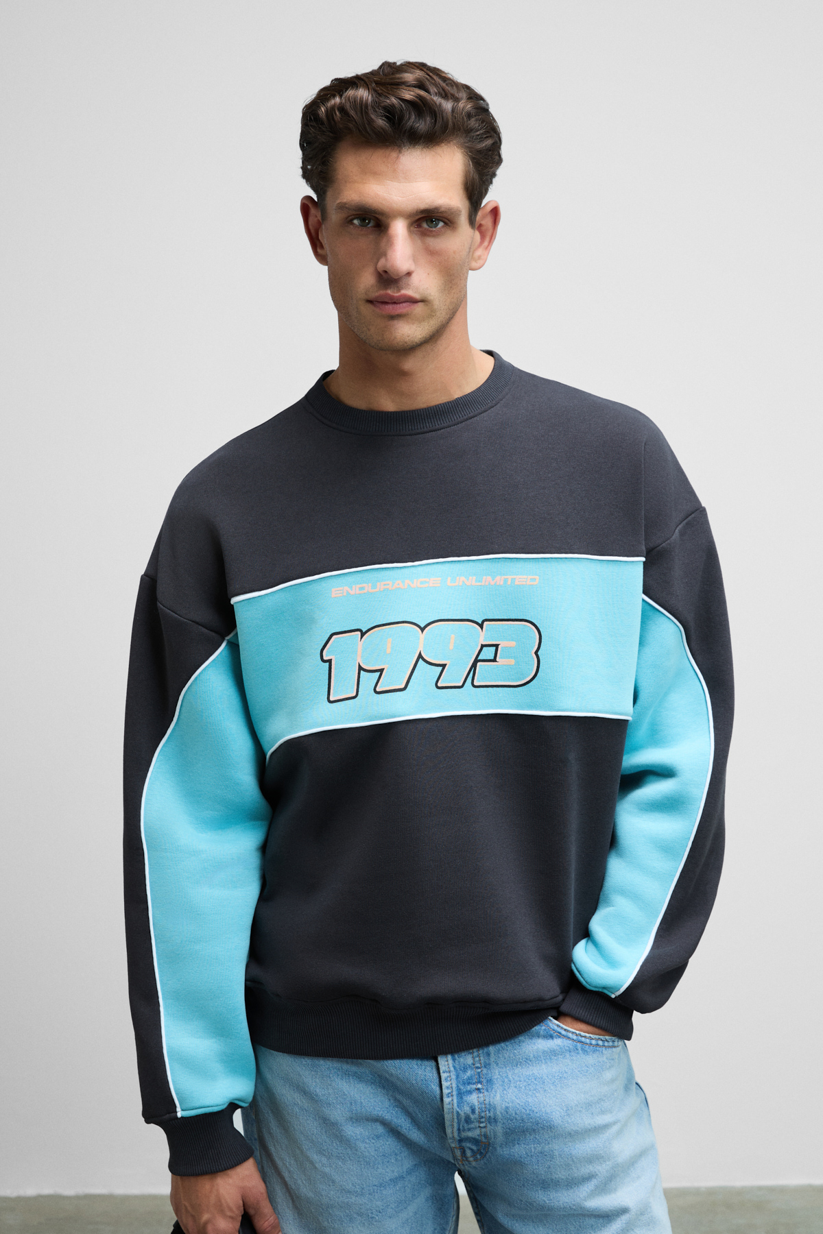 GRIMELANGE Erkek Yuvarlak Yaka Baskılı Omuzları Yeşil Renkte Relaxed Fit ANTRASİT Sweatshirt
