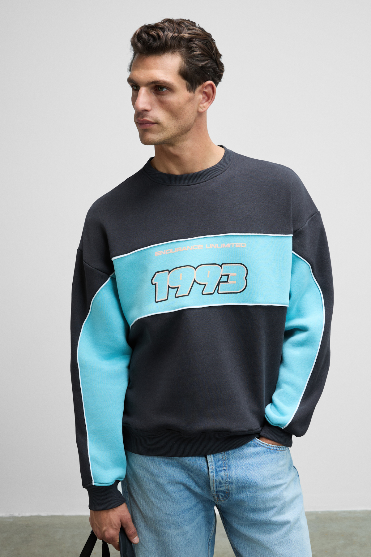 GRIMELANGE Erkek Yuvarlak Yaka Baskılı Omuzları Yeşil Renkte Relaxed Fit ANTRASİT Sweatshirt görsel 2