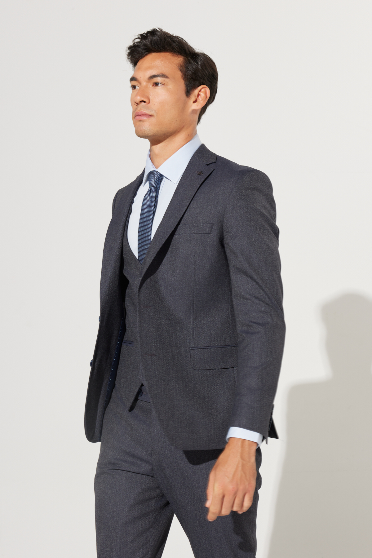 Altınyıldız Classics Erkek Lacivert-Gri Slim Fit Dar Kesim Mono Yaka Desenli Yünlü Yelekli Takım Elbise