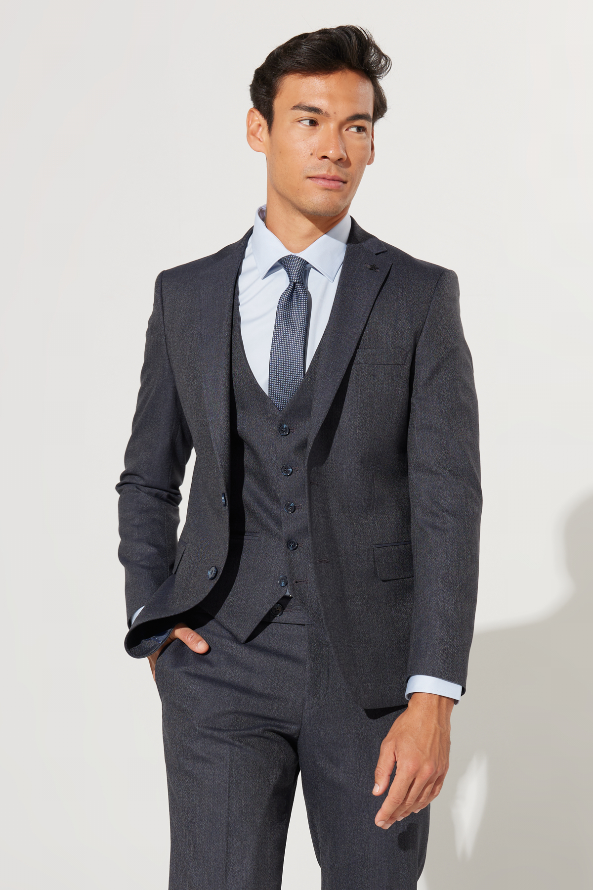 Altınyıldız Classics Erkek Lacivert-Gri Slim Fit Dar Kesim Mono Yaka Desenli Yünlü Yelekli Takım Elbise görsel 6
