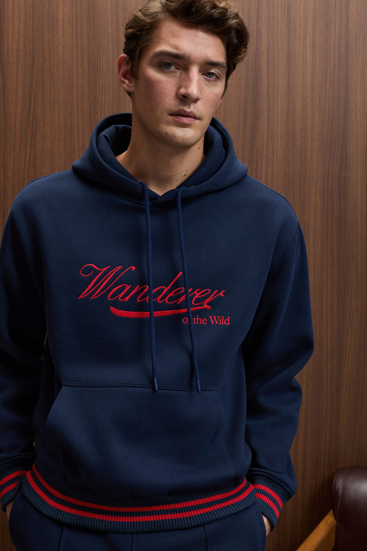 GRIMELANGE Erkek Kapüşonlu Önü Nakışlı Etek Ve Kol Triko Detaylı LACİVERT Sweatshirt