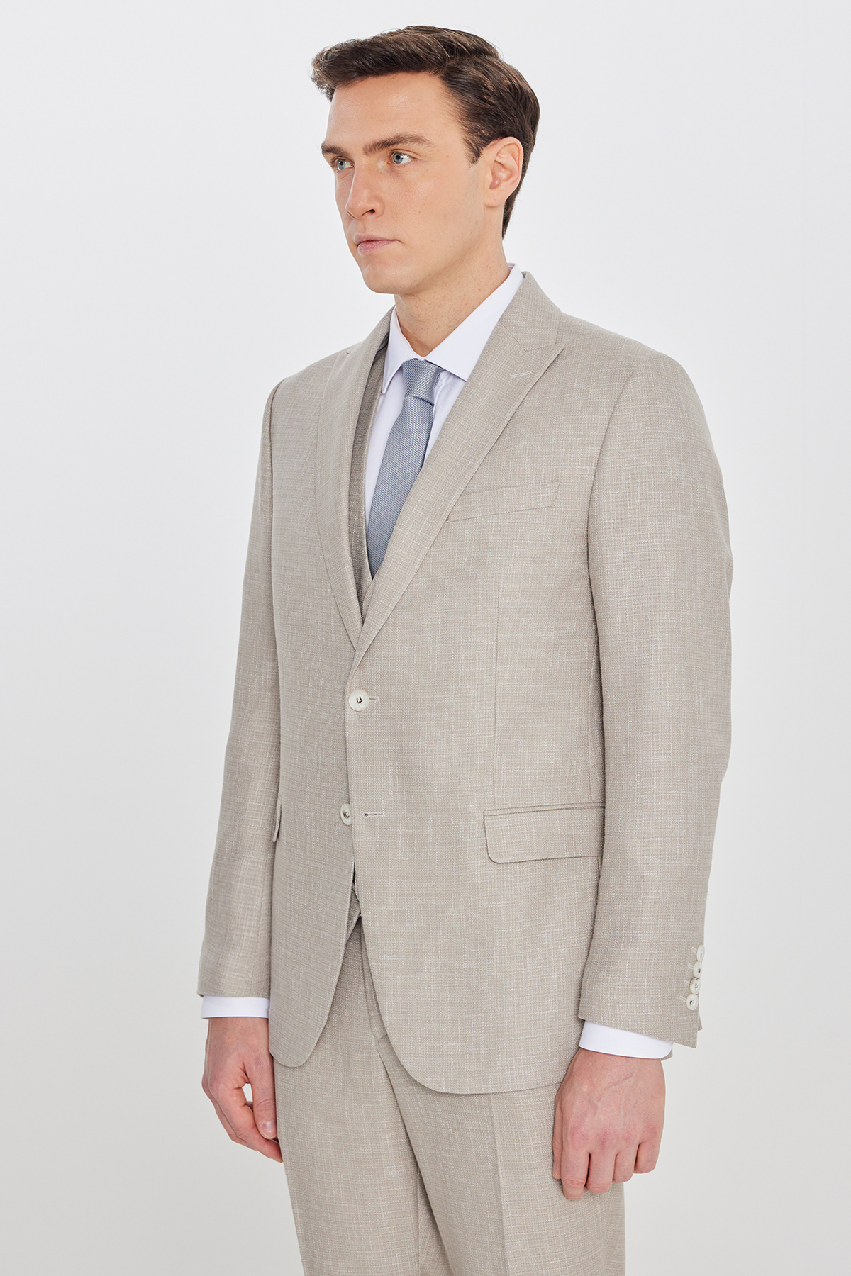 Altınyıldız Classics Erkek Bej Slim Fit Dar Kesim Kırlangıç Yaka Kapak Cepli Çizgili Takım Elbise görsel 2