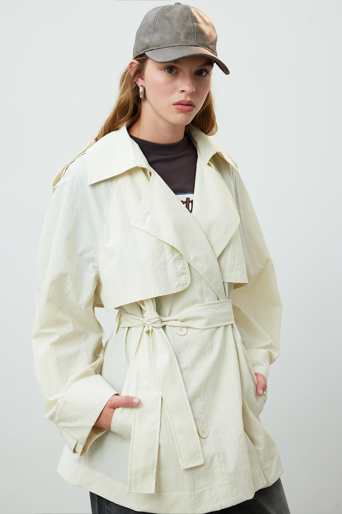 Manuka Lızbon Oversize Kısa Trençkot Vanilya görsel 5