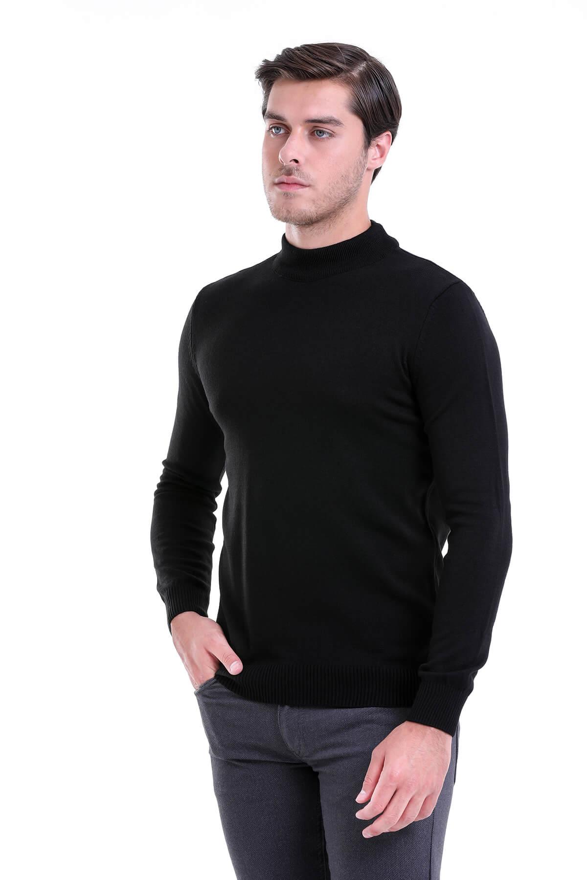Hatemoğlu Siyah Regular Fit Düz Yarım Balıkçı Yaka Triko Kazak görsel 2