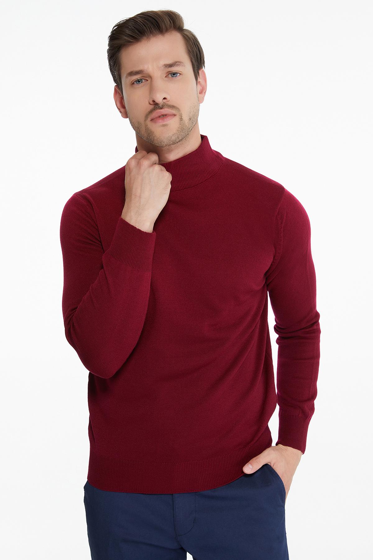 Hatemoğlu Bordo Regular Fit Düz Yarım Balıkçı Yaka Triko Kazak görsel 5