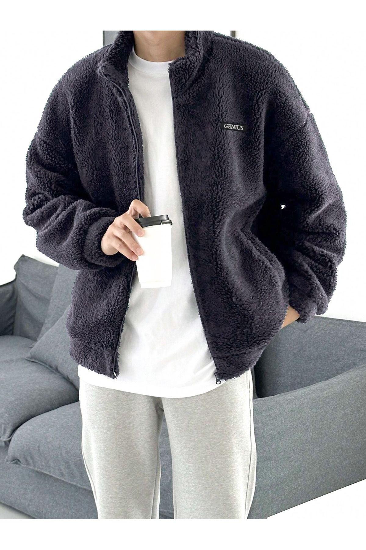 Genius Store Oversize Pelüş Tam Pelüş İçi Polarlı Sherpa Kumaş Erkek Fermuarlı Sweatshirt Hırka
