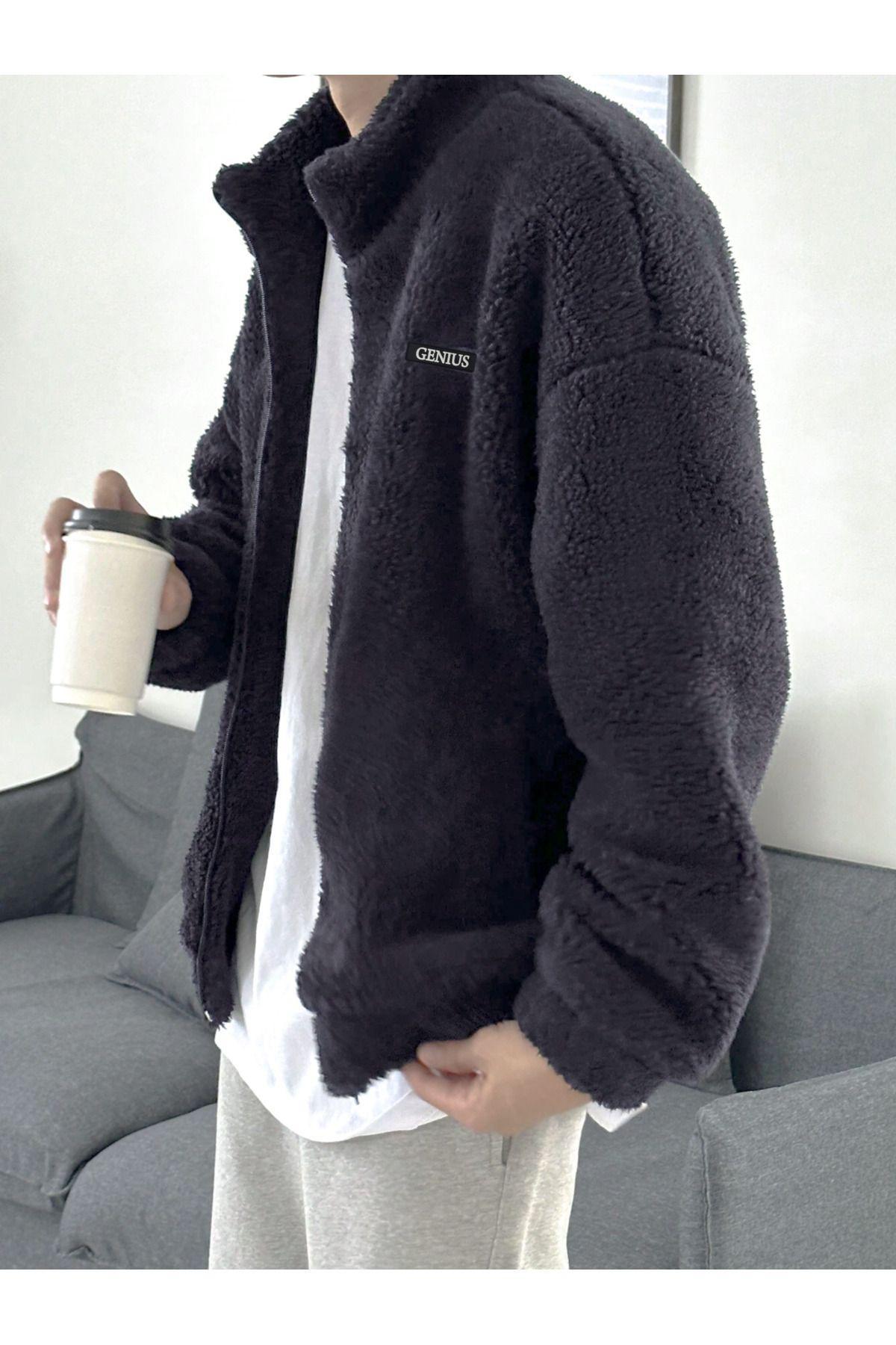 Genius Store Oversize Pelüş Tam Pelüş İçi Polarlı Sherpa Kumaş Erkek Fermuarlı Sweatshirt Hırka görsel 2