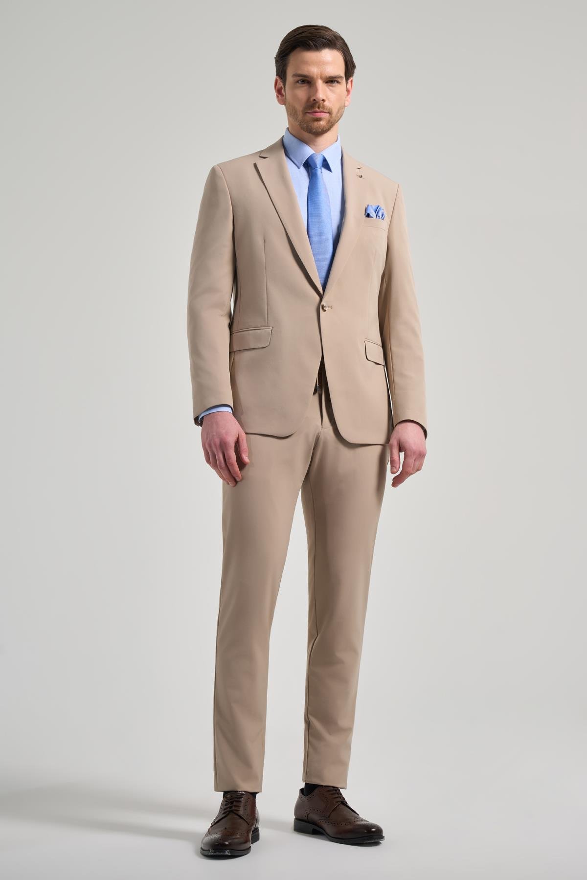 İMZA Düz Gabardin Mono Yaka Tam Astar Beli Lastikli Esnek 6 Drop Slim Fit Takım Elbise 1001250155