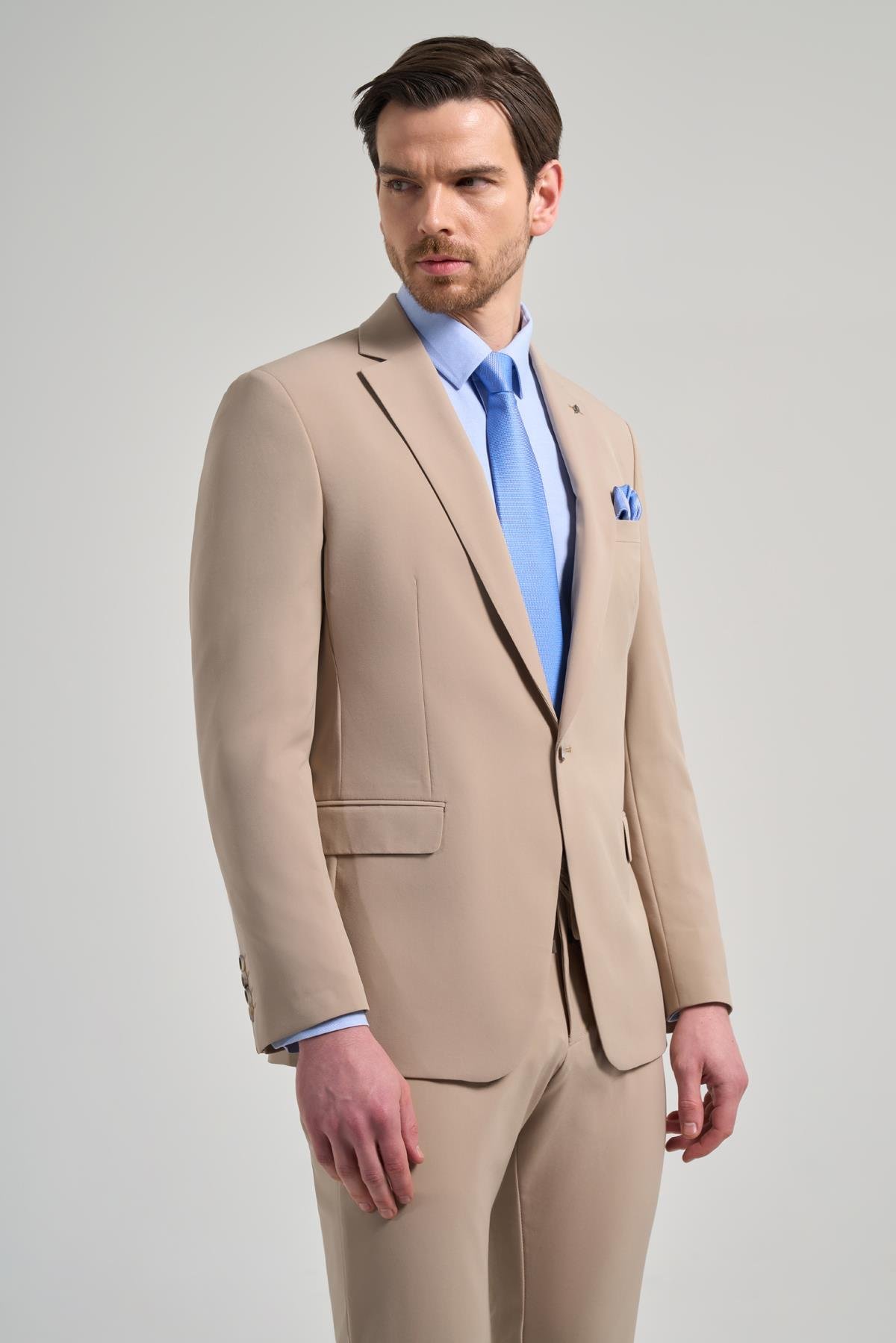 İMZA Düz Gabardin Mono Yaka Tam Astar Beli Lastikli Esnek 6 Drop Slim Fit Takım Elbise 1001250155 görsel 3