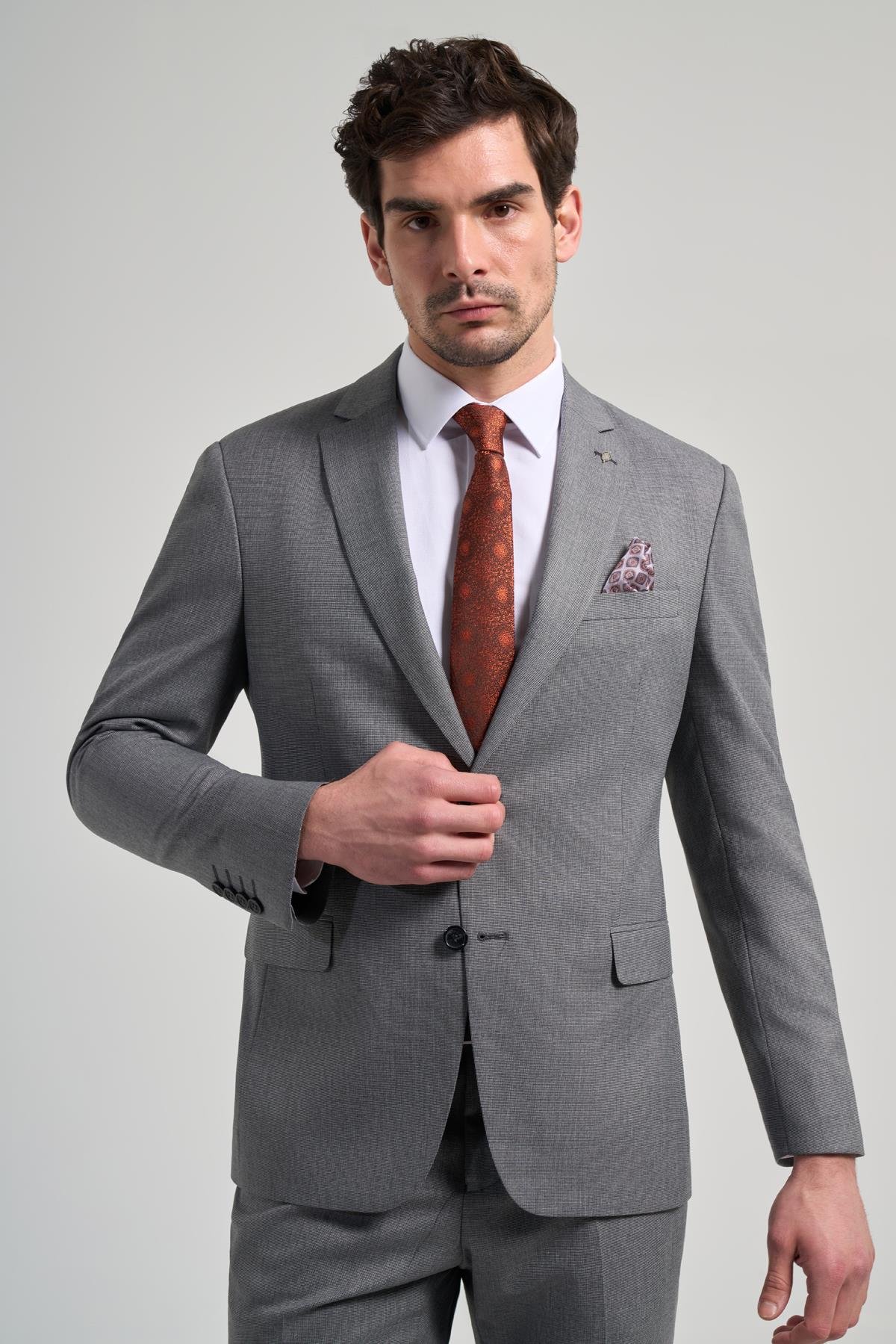 İMZA Kendinden Desenli Bez Ayağı Mono Yaka Tam Astar Esnek 6 Drop Slim Fit Takım Elbise 1001250168 görsel 3