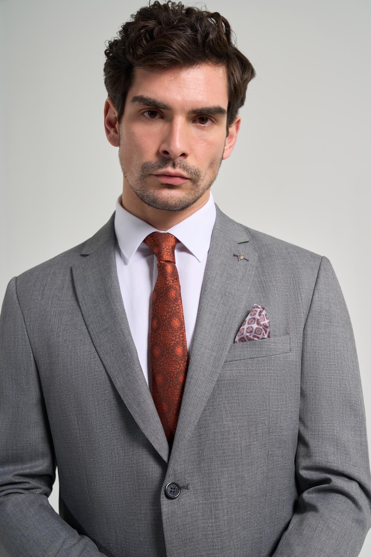 İMZA Kendinden Desenli Bez Ayağı Mono Yaka Tam Astar Esnek 6 Drop Slim Fit Takım Elbise 1001250168 görsel 4