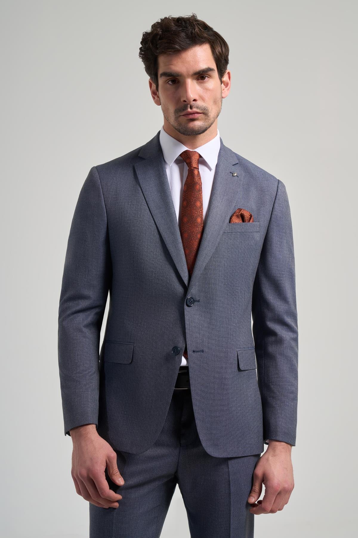 İMZA Kendinden Desenli Bez Ayağı Mono Yaka Tam Astar Esnek 6 Drop Slim Fit Takım Elbise 1001250168 görsel 4