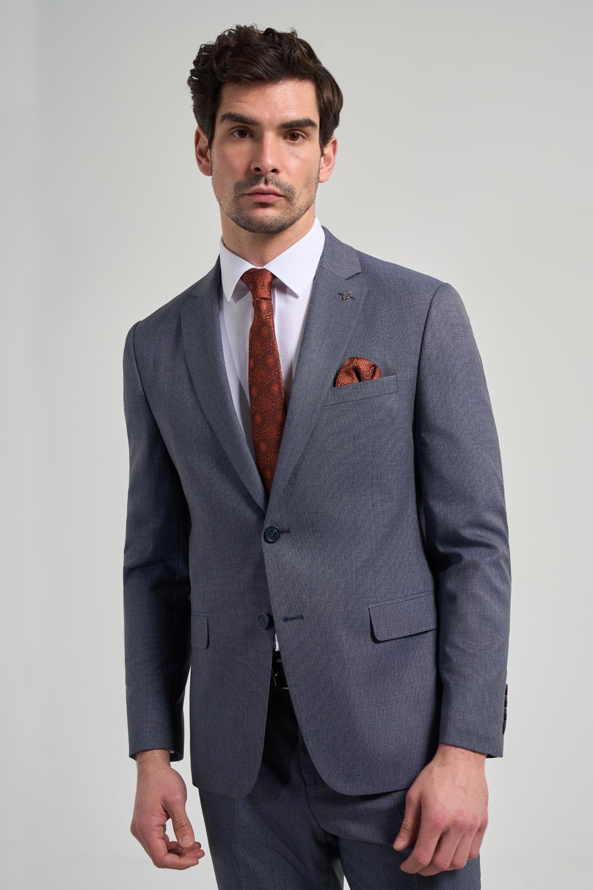 İMZA Kendinden Desenli Bez Ayağı Mono Yaka Tam Astar Esnek 6 Drop Slim Fit Takım Elbise 1001250168 görsel 5