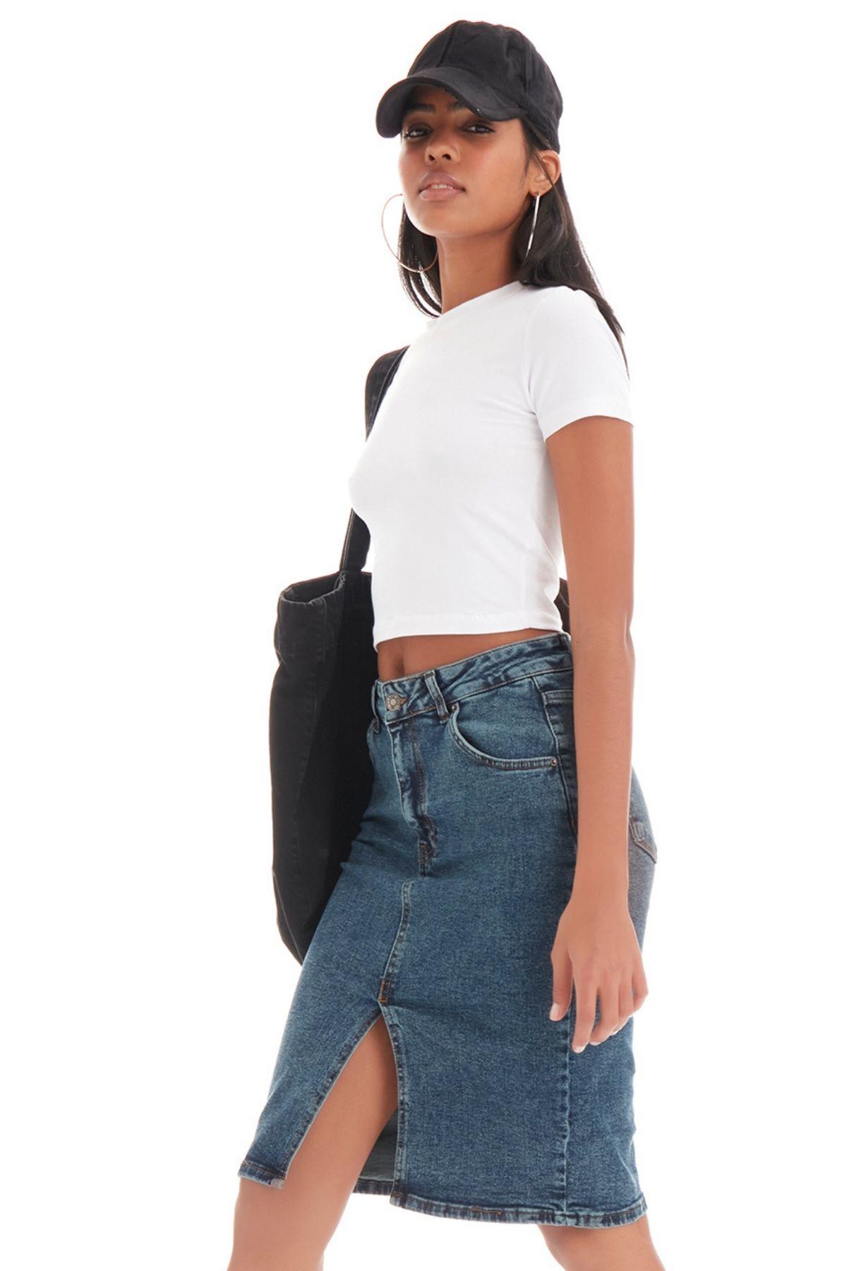 It's Basic Kadın Tint jean Rengi Midi Boy Yüksek Bel Yırtmaçlı Jean Etek