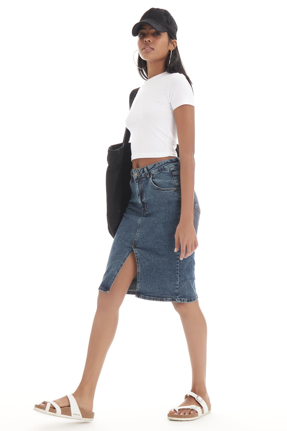 It's Basic Kadın Tint jean Rengi Midi Boy Yüksek Bel Yırtmaçlı Jean Etek görsel 3